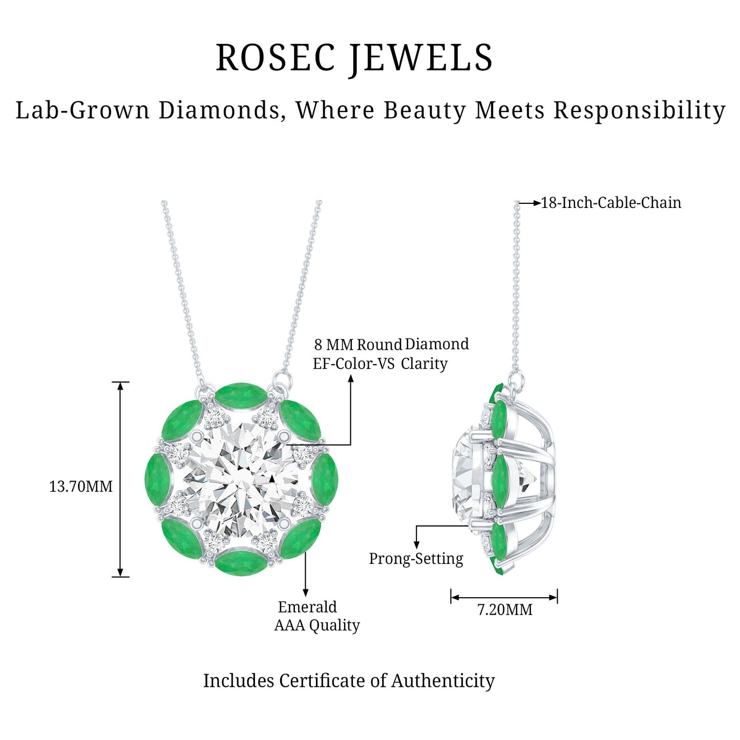 2 Carat Lab Grown Diamond Bridal Necklace With Emerald