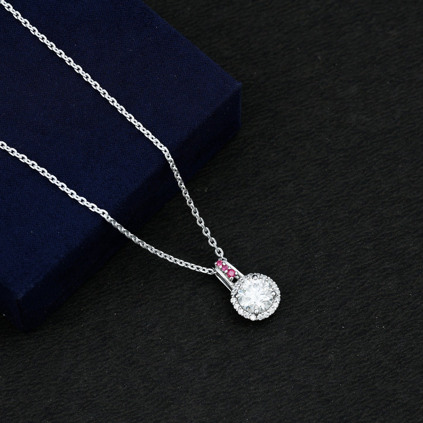 Certified MM Lab Grown Diamond Halo Necklace With Ruby Accent Bail