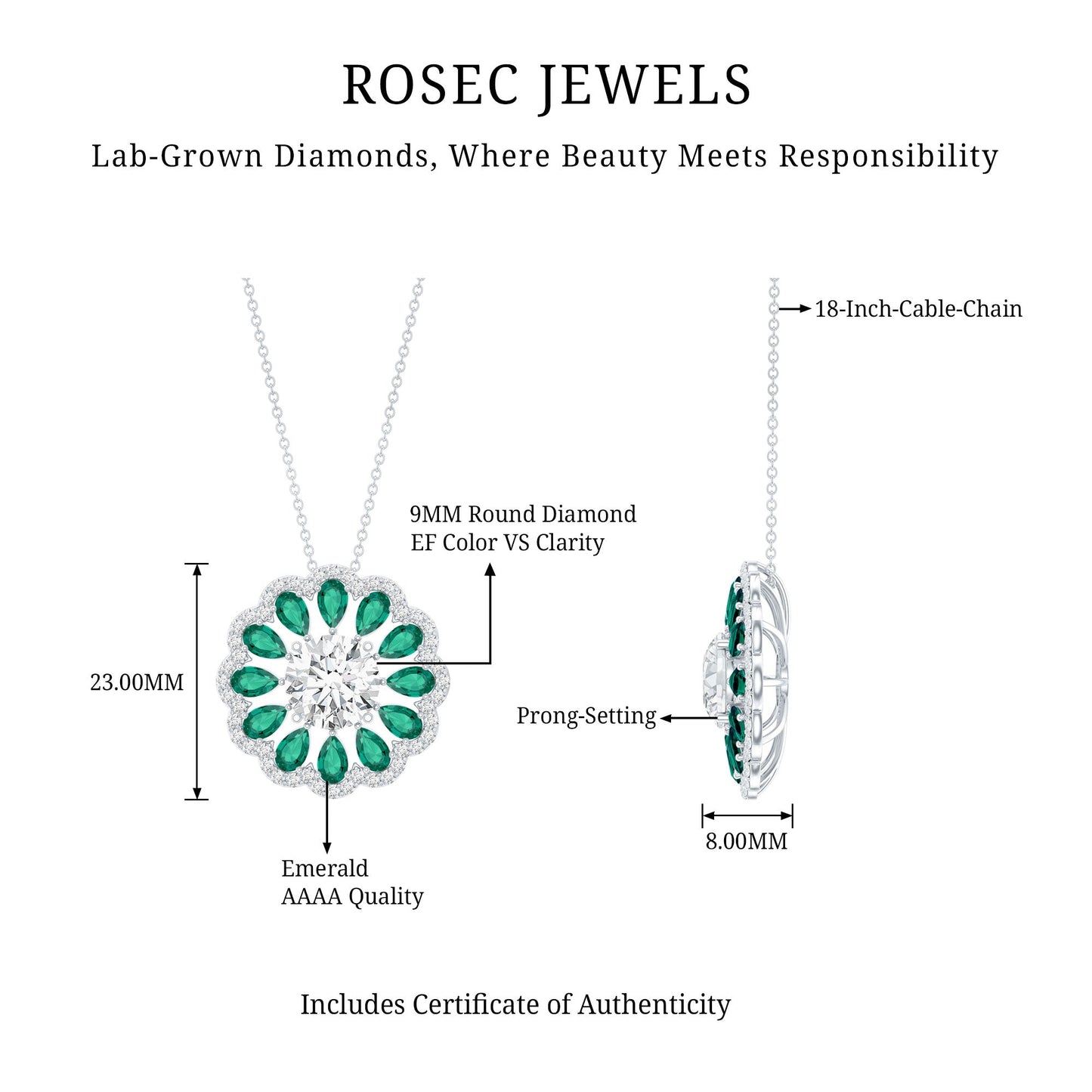 3 Carat Lab Grown Diamond Flower Bridal Necklace With Emerald