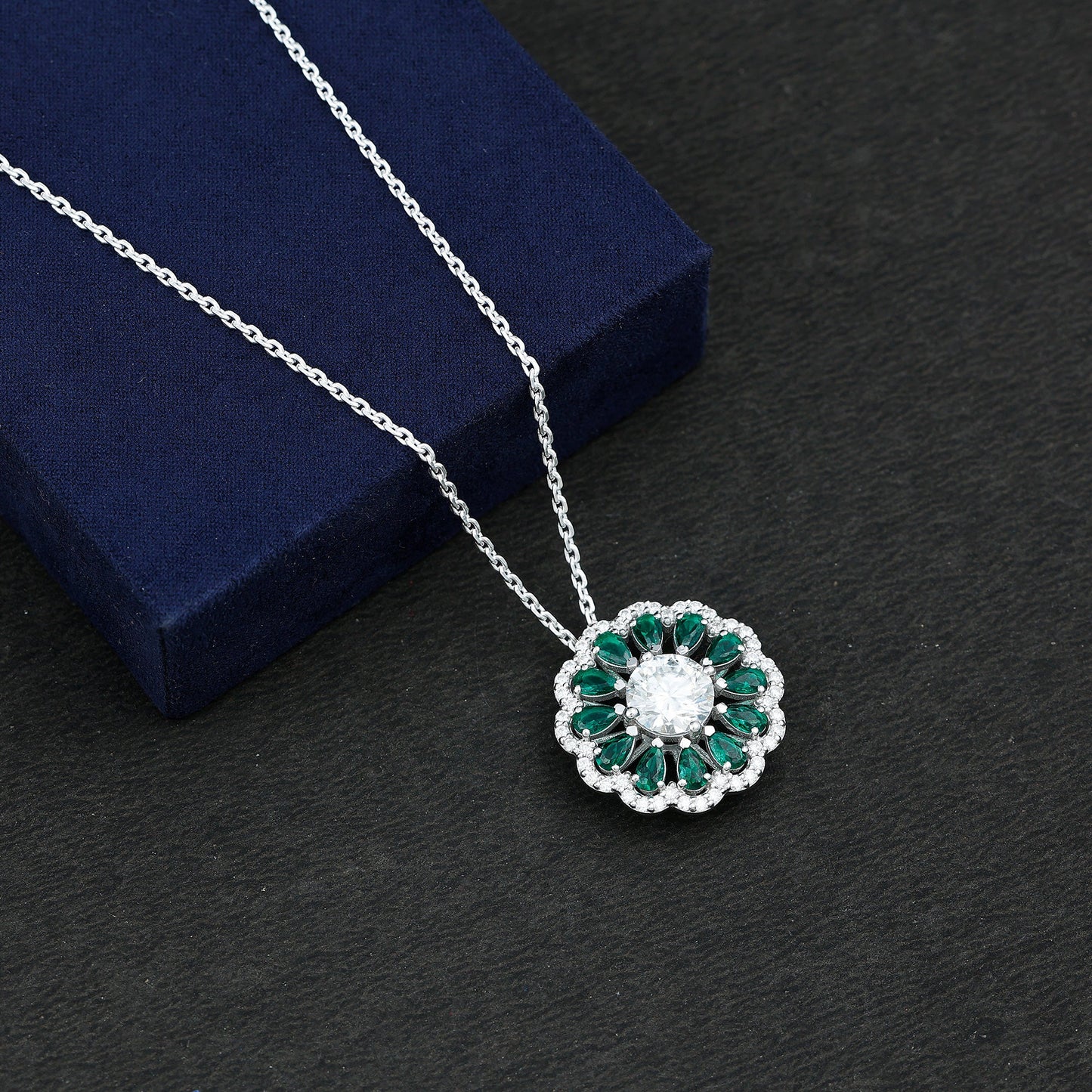 3 Carat Lab Grown Diamond Flower Bridal Necklace With Emerald