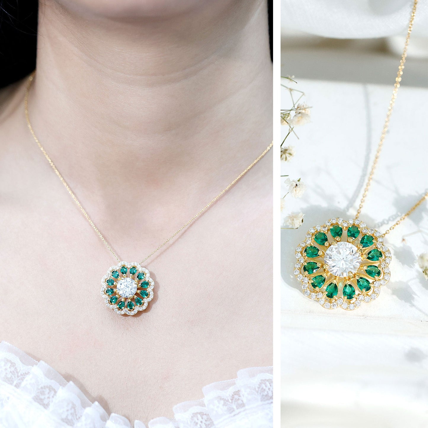 3 Carat Lab Grown Diamond Flower Bridal Necklace With Emerald