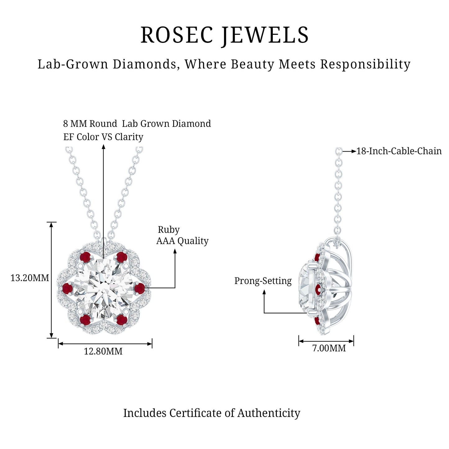 2 Carat Lab Grown Diamond Flower Statement Necklace With Ruby