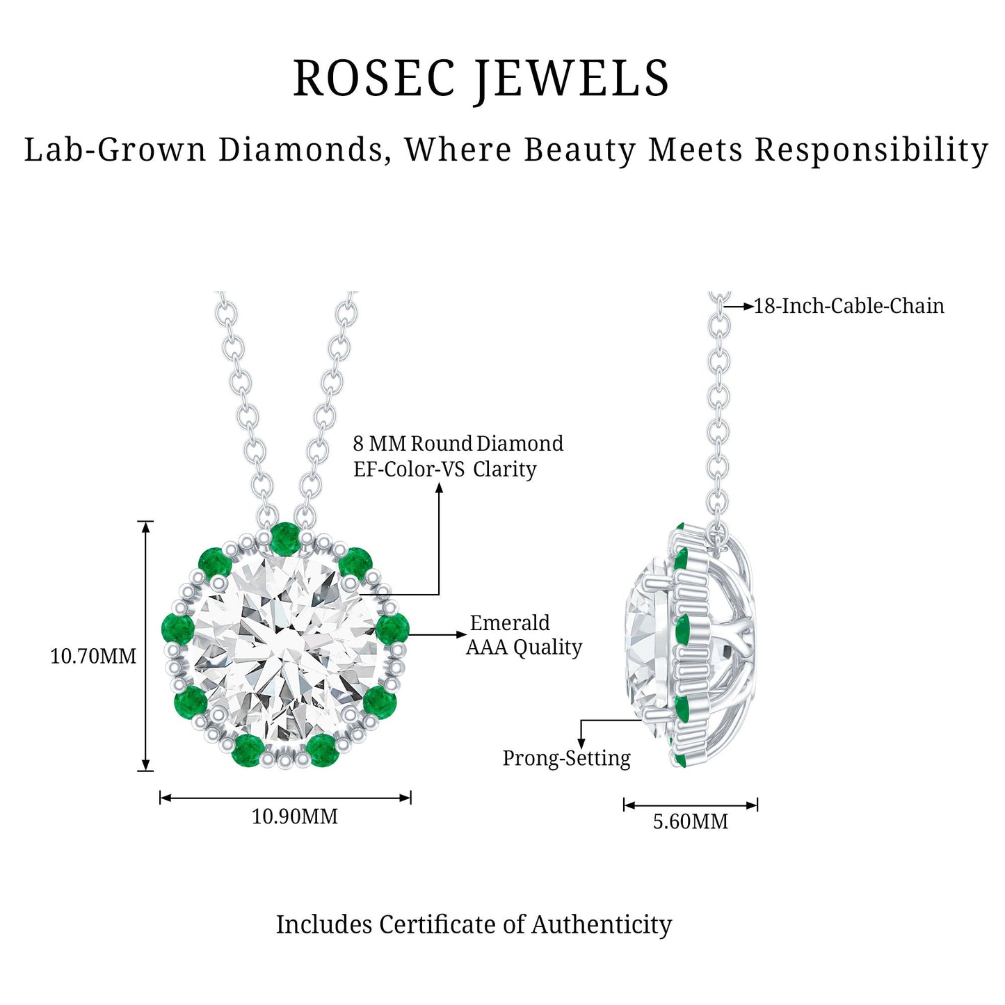 Certified Lab 2 Carat Round Diamond Halo Necklace With Emerald