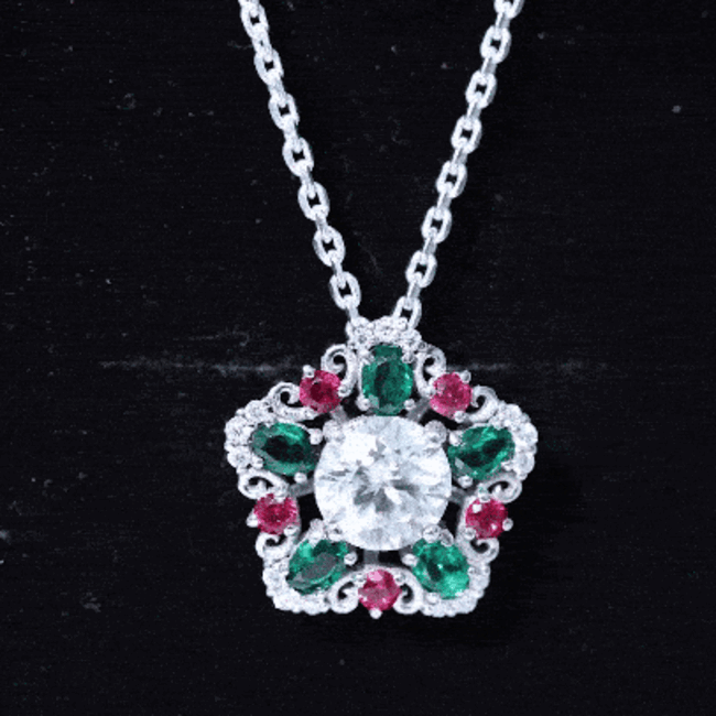 Lab Grown Diamond Cocktail Necklace With Emerald Ruby
