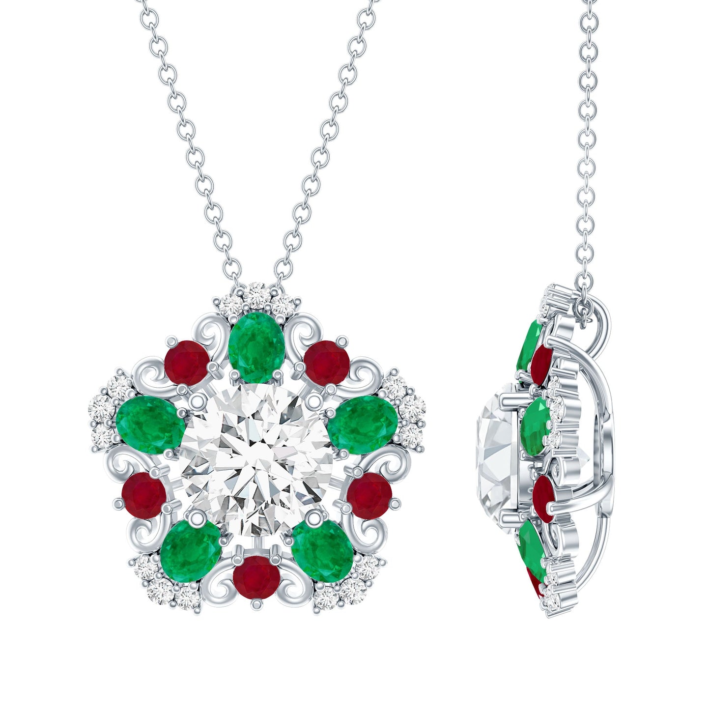 Lab Grown Diamond Cocktail Necklace With Emerald Ruby