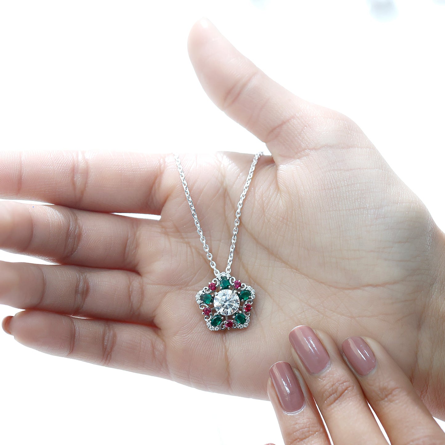 Lab Grown Diamond Cocktail Necklace With Emerald Ruby