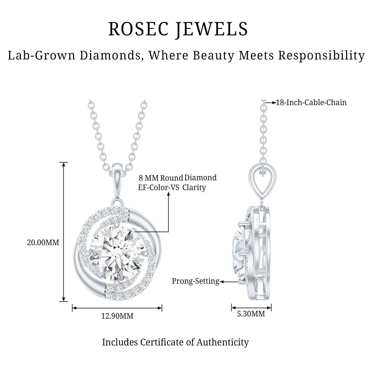 Prong Set 2 Carat Round Lab Grown Diamond Swirl Pendant Necklace