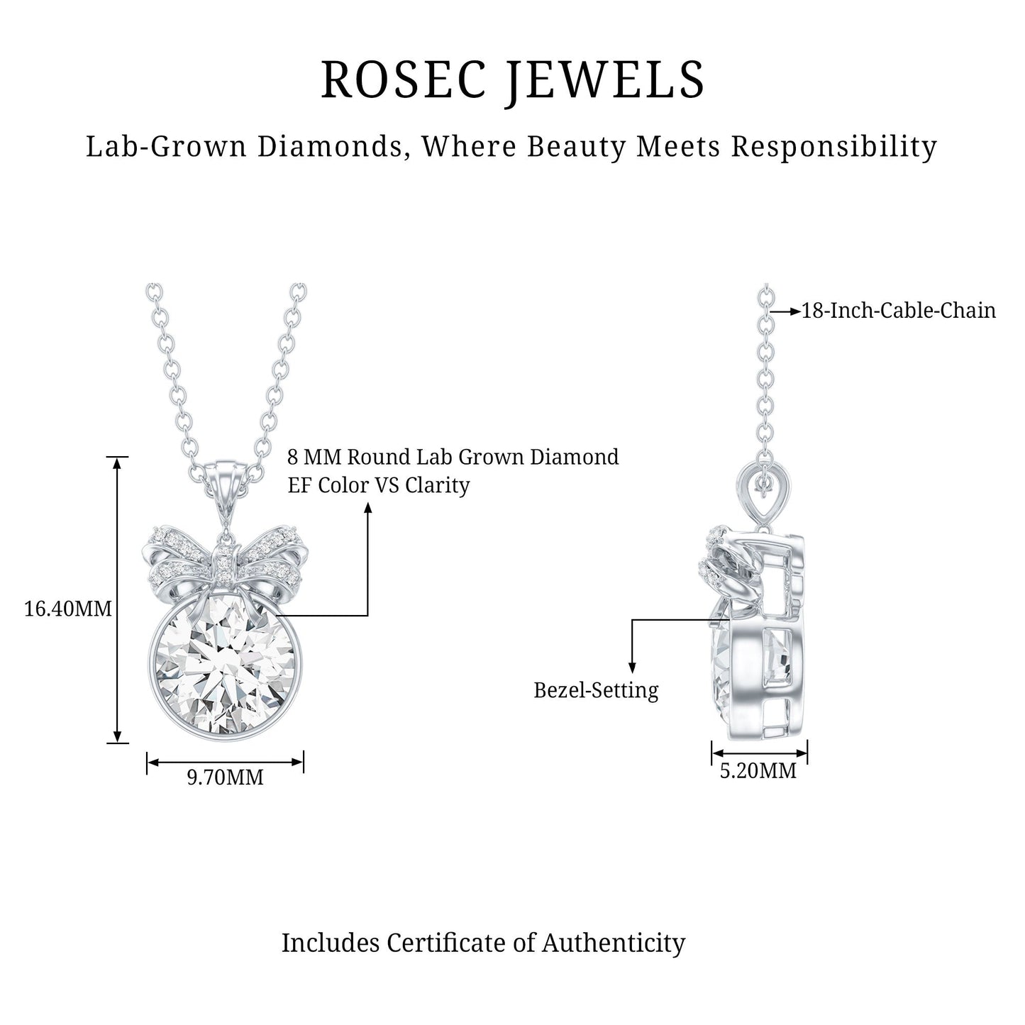 Bezel Set Lab Grown Diamond Solitaire Necklace With Cute Bow