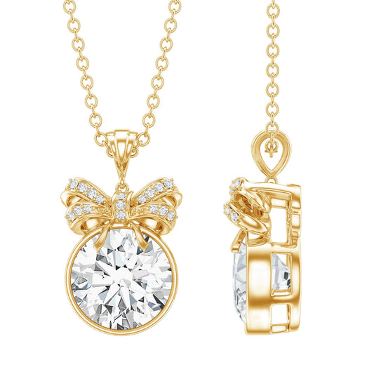 Bezel Set Lab Grown Diamond Solitaire Necklace With Cute Bow