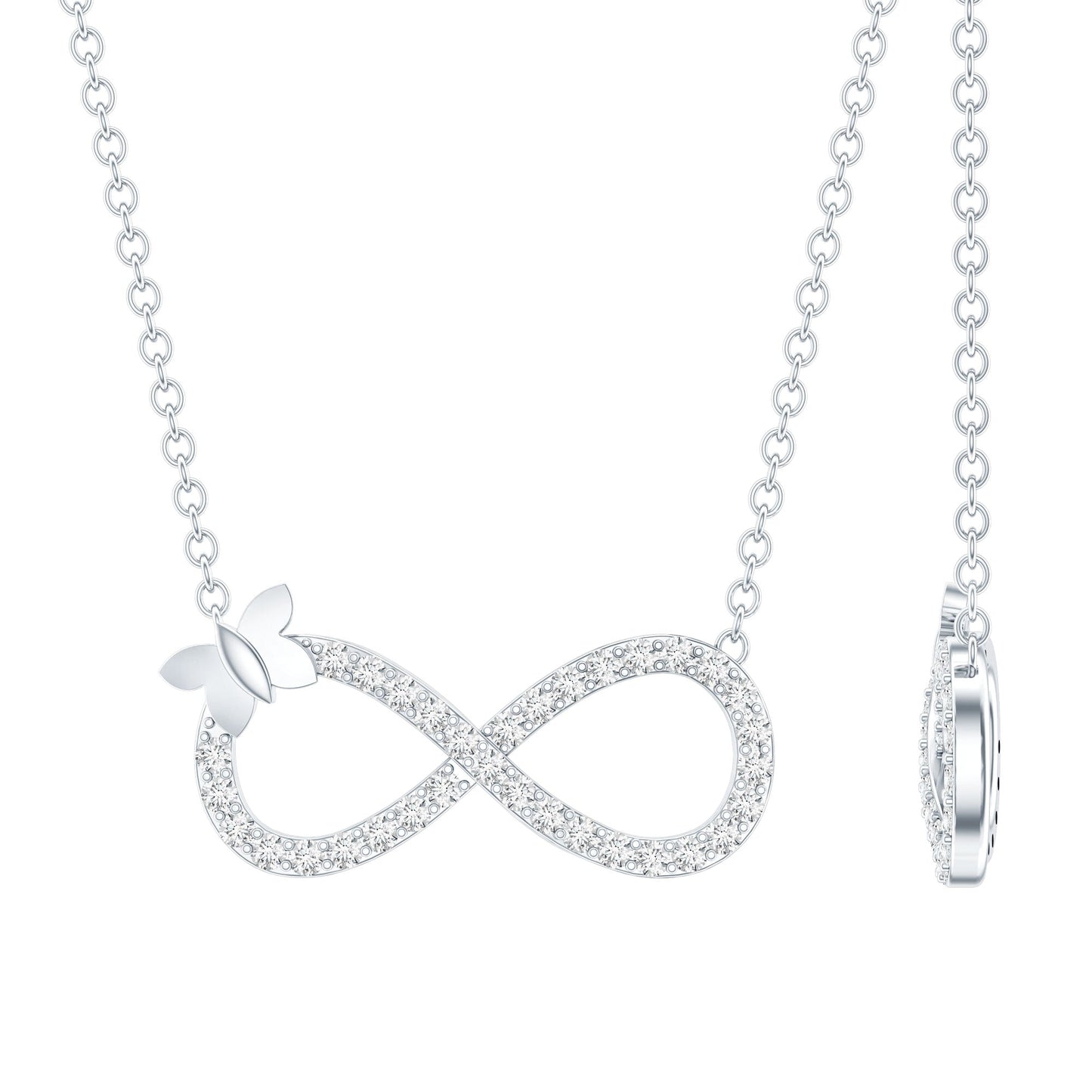 Lab Pave Set Diamond Sideways Infinity Butterfly Necklace