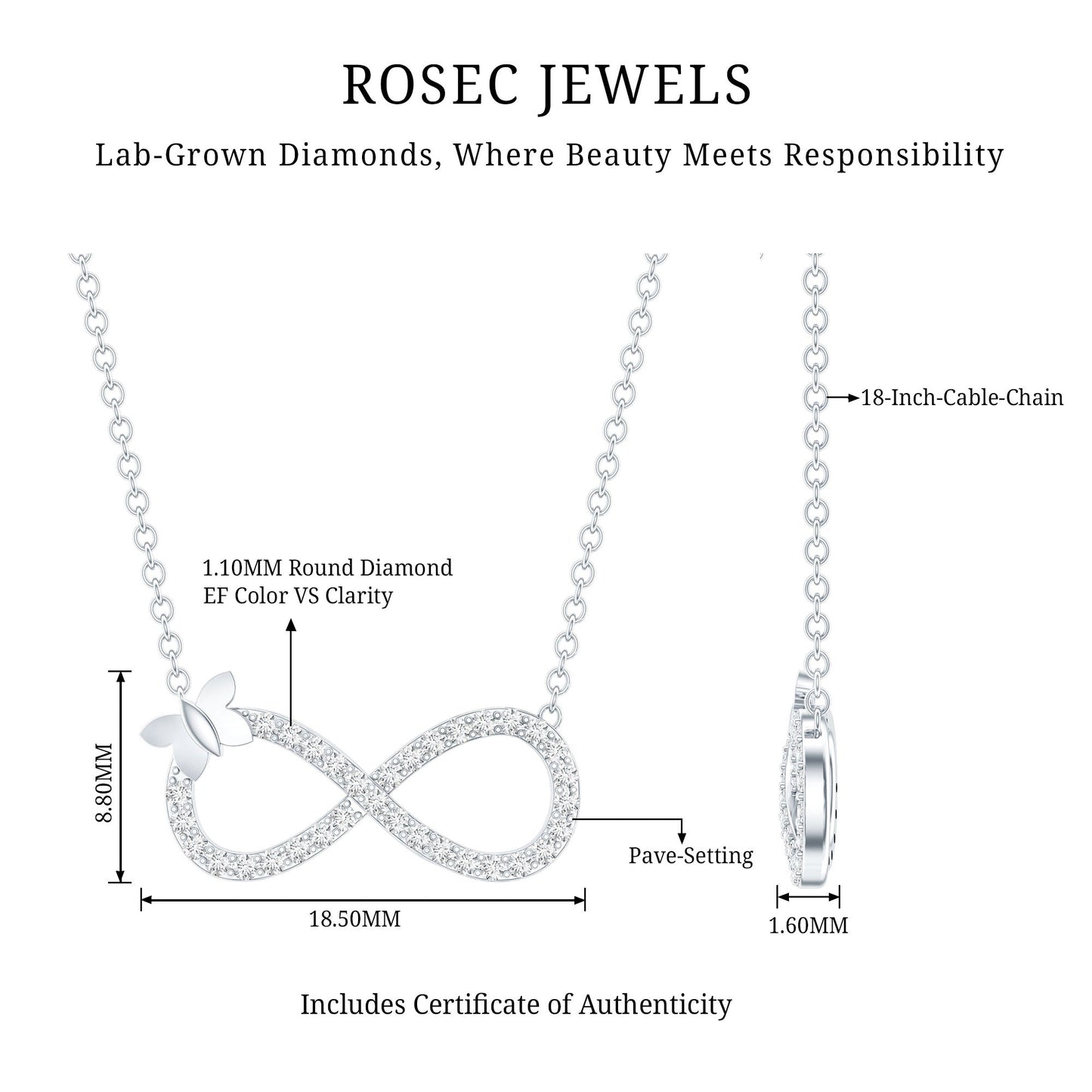 Lab Pave Set Diamond Sideways Infinity Butterfly Necklace