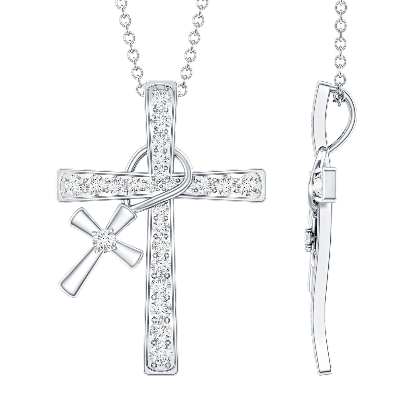 Pave Set Lab Grown Diamond Double Cross Charm Necklace