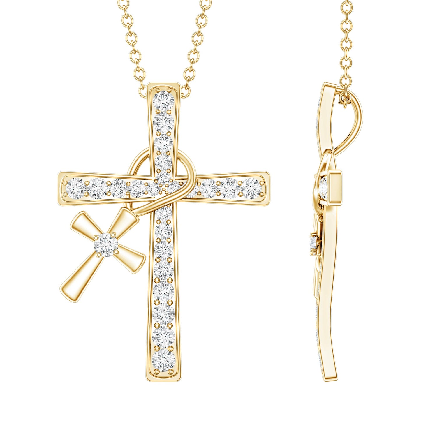 Pave Set Lab Grown Diamond Double Cross Charm Necklace