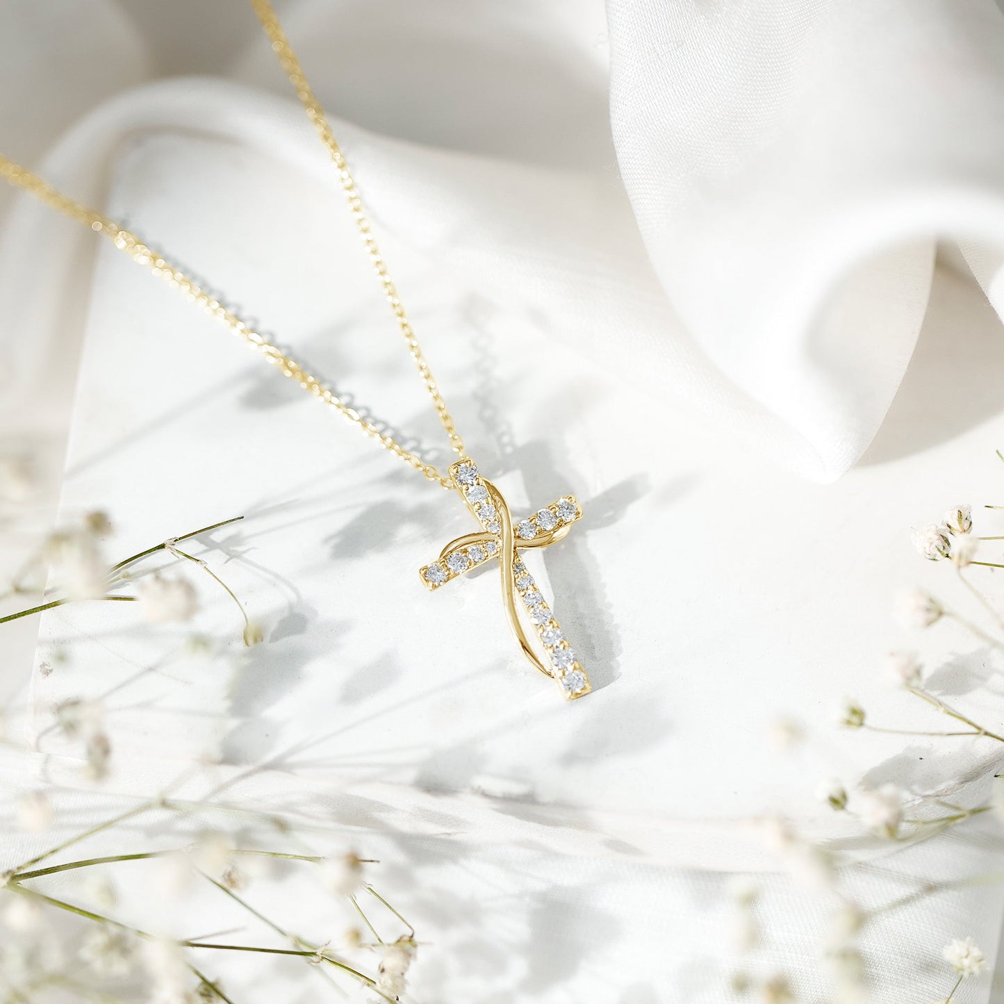 Pave Set Lab Grown Diamond Double Cross Necklace