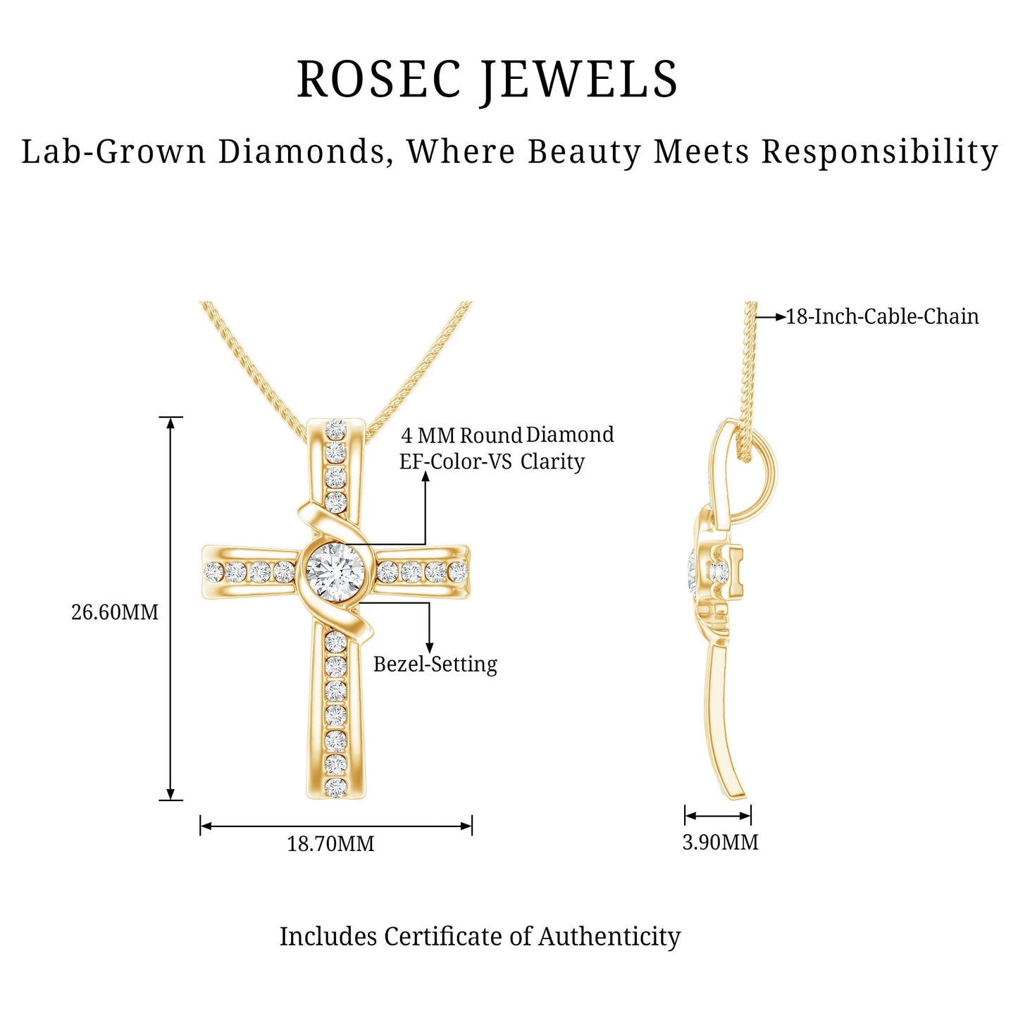 Bezel Set Lab Grown Diamond Cross Religious Necklace