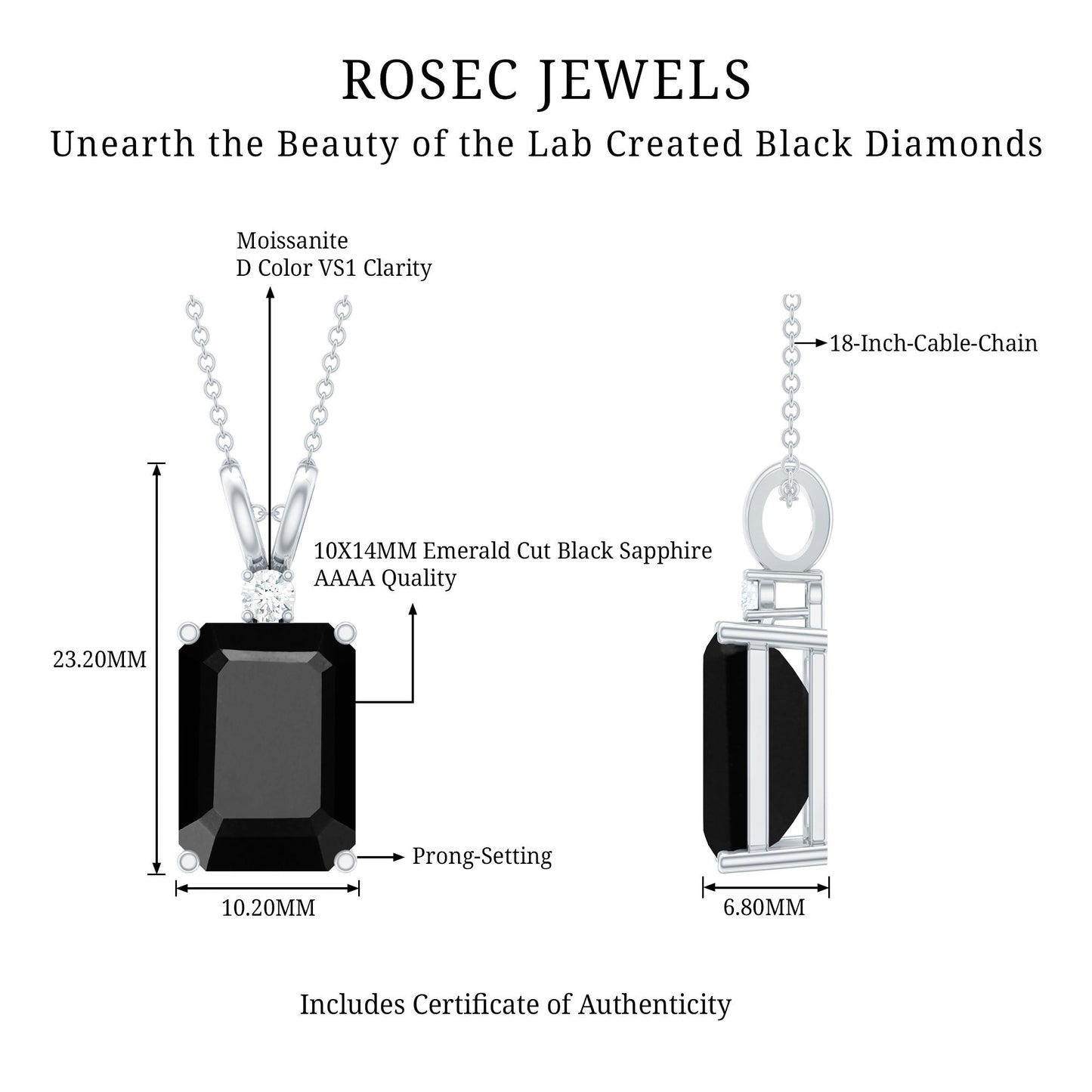 9 Carat Emerald Cut Lab Grown Black Diamond Pendant Necklace In Silver