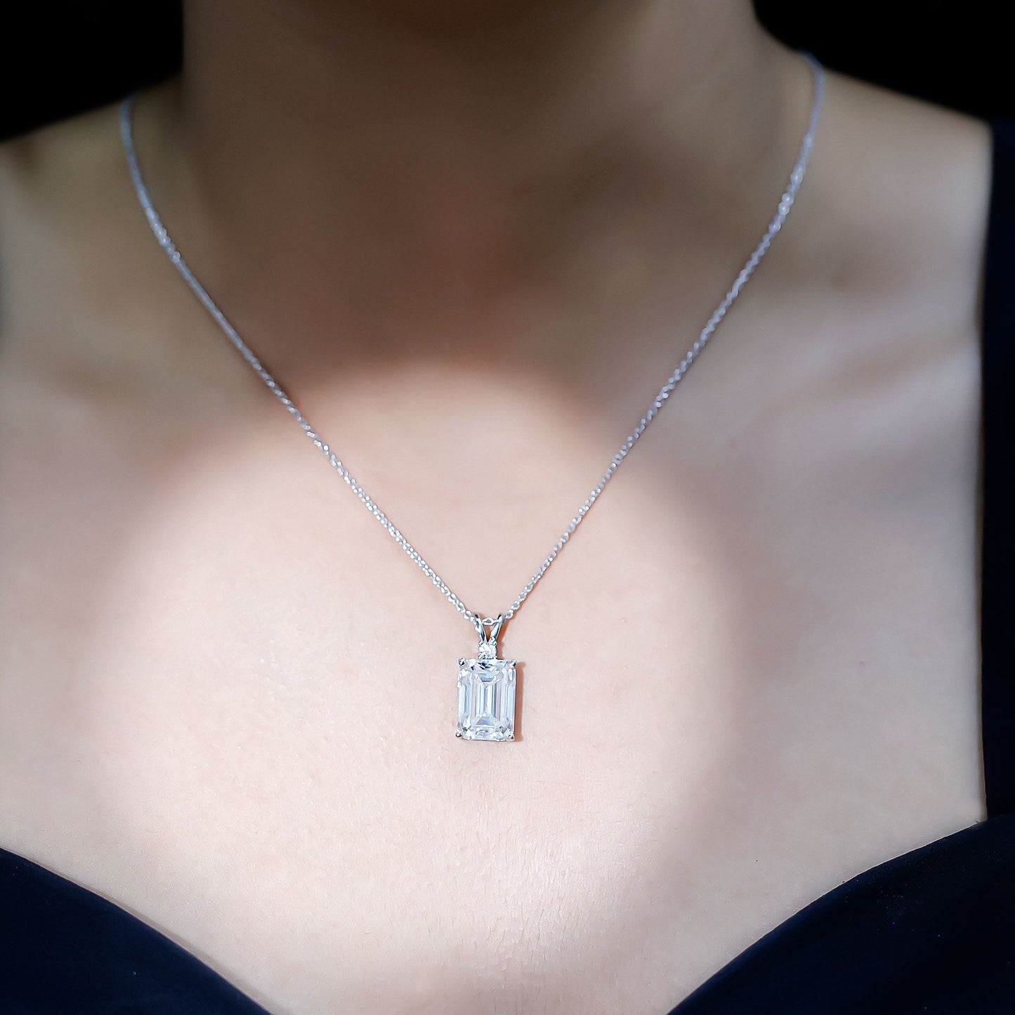 4.5 Carat Moissanite Emerald Cut Necklace With Silver Chain
