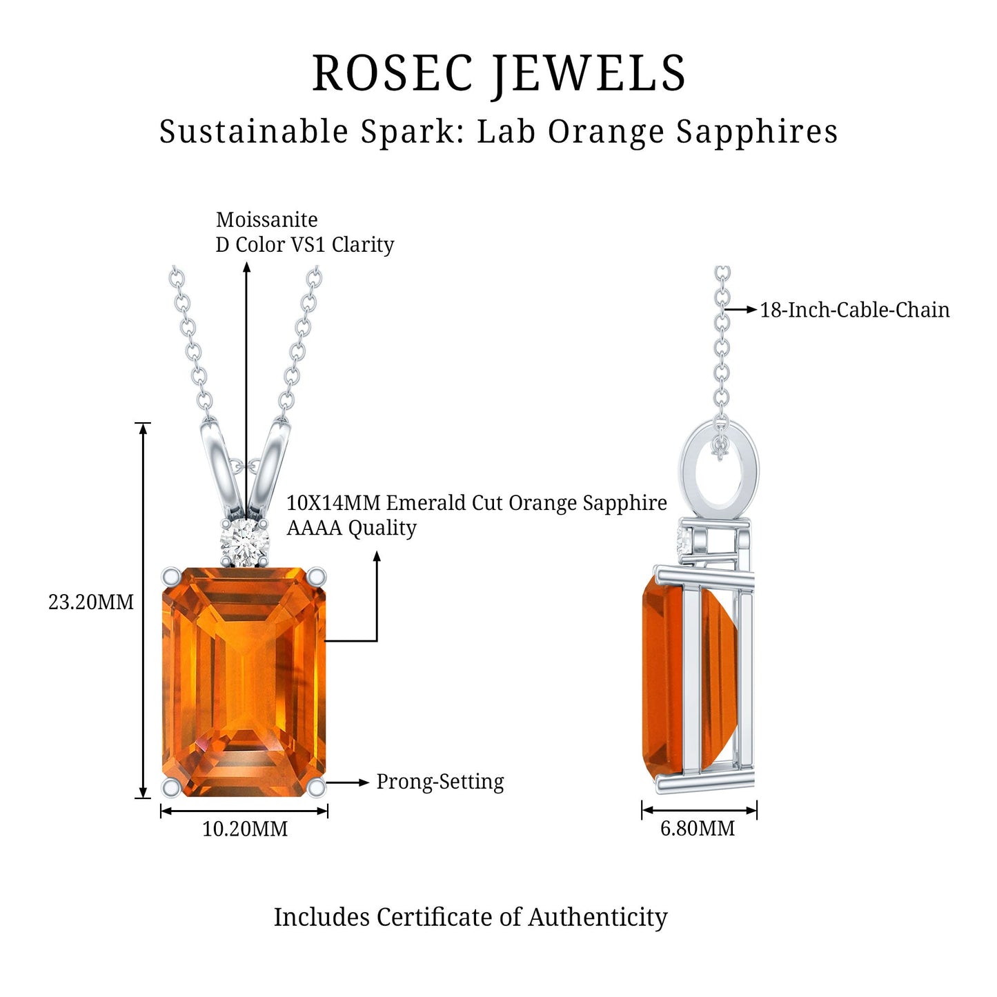 Certified 9 Carat Lab Grown Orange Sapphire Emerald Cut Necklace With Silver Chain