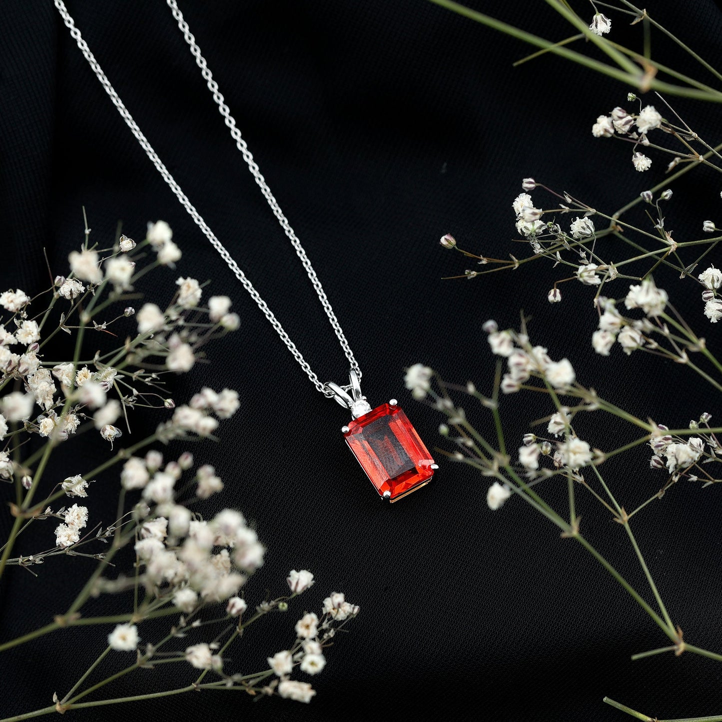 Certified 9 Carat Lab Grown Orange Sapphire Emerald Cut Necklace With Silver Chain