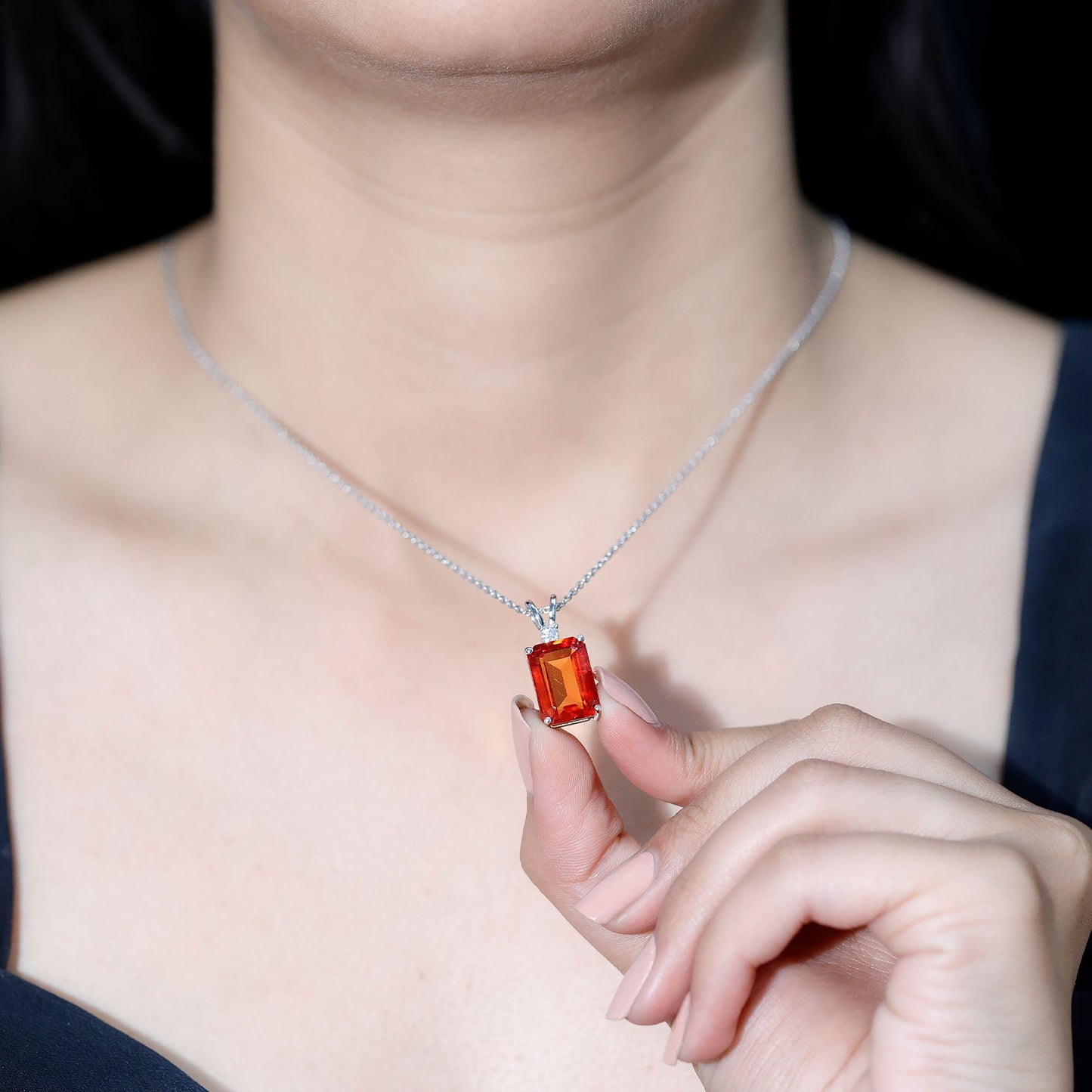 Certified 9 Carat Lab Grown Orange Sapphire Emerald Cut Necklace With Silver Chain