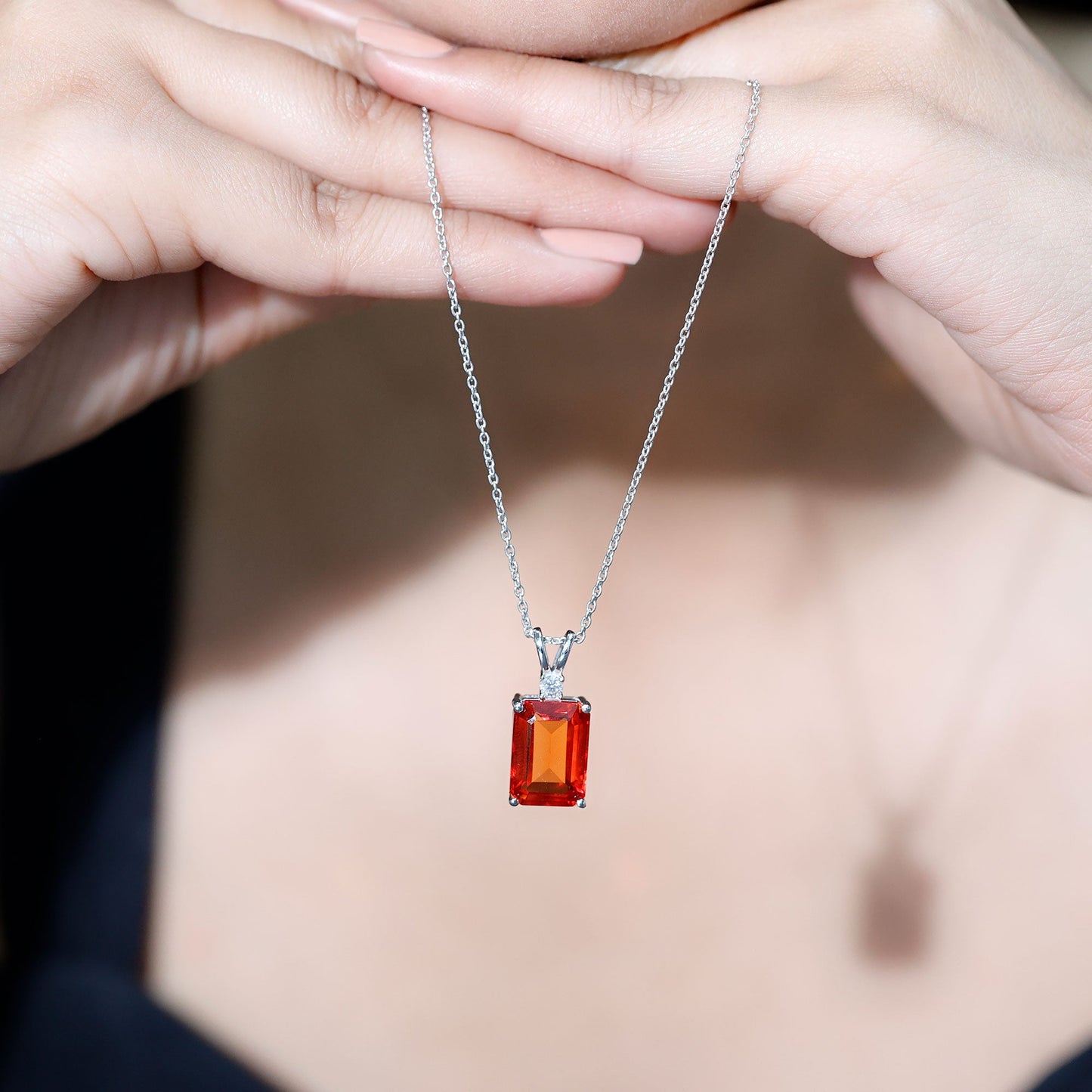 Certified 9 Carat Lab Grown Orange Sapphire Emerald Cut Necklace With Silver Chain