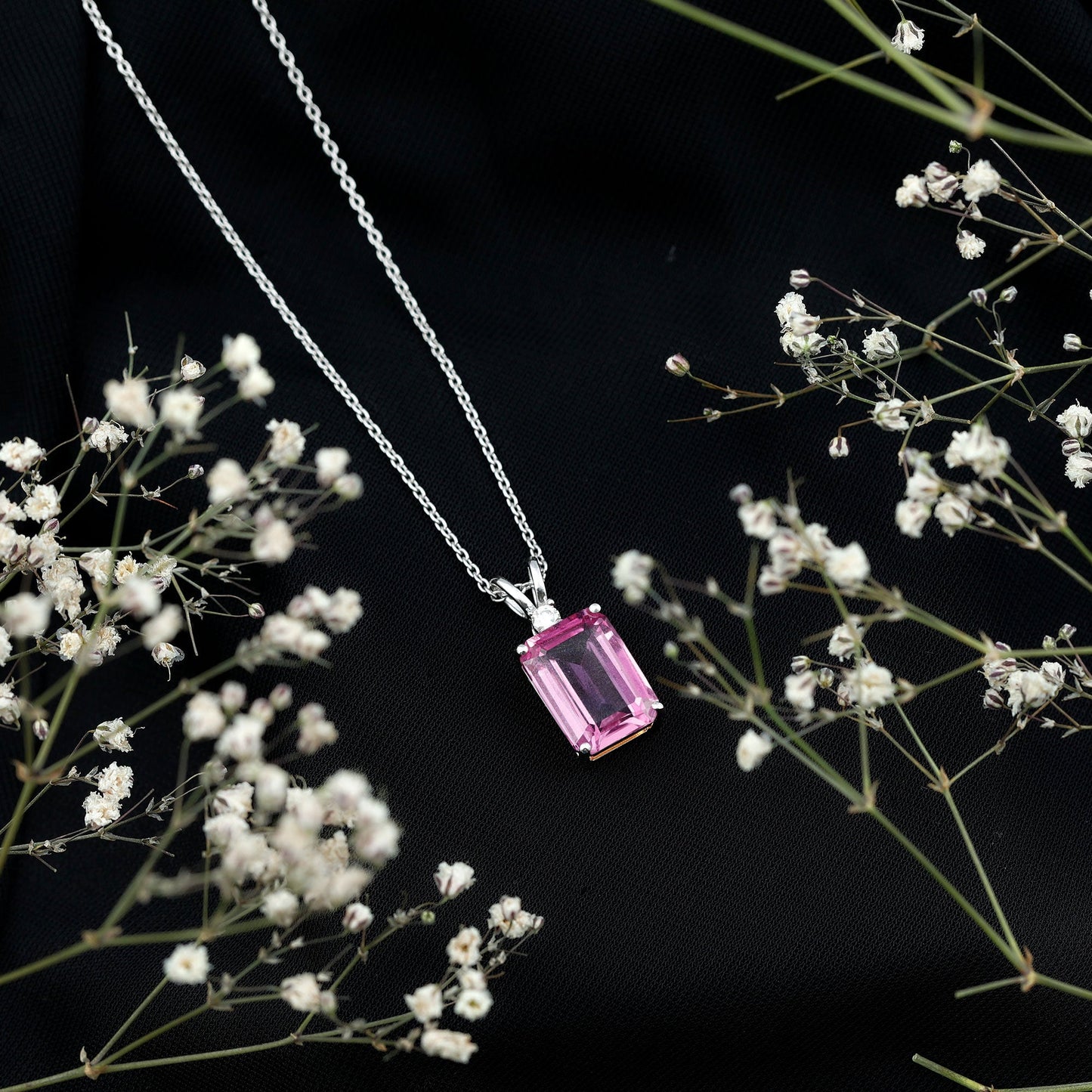 9 Carat Lab Grown Pink Sapphire Emerald Cut Necklace With Silver Chain