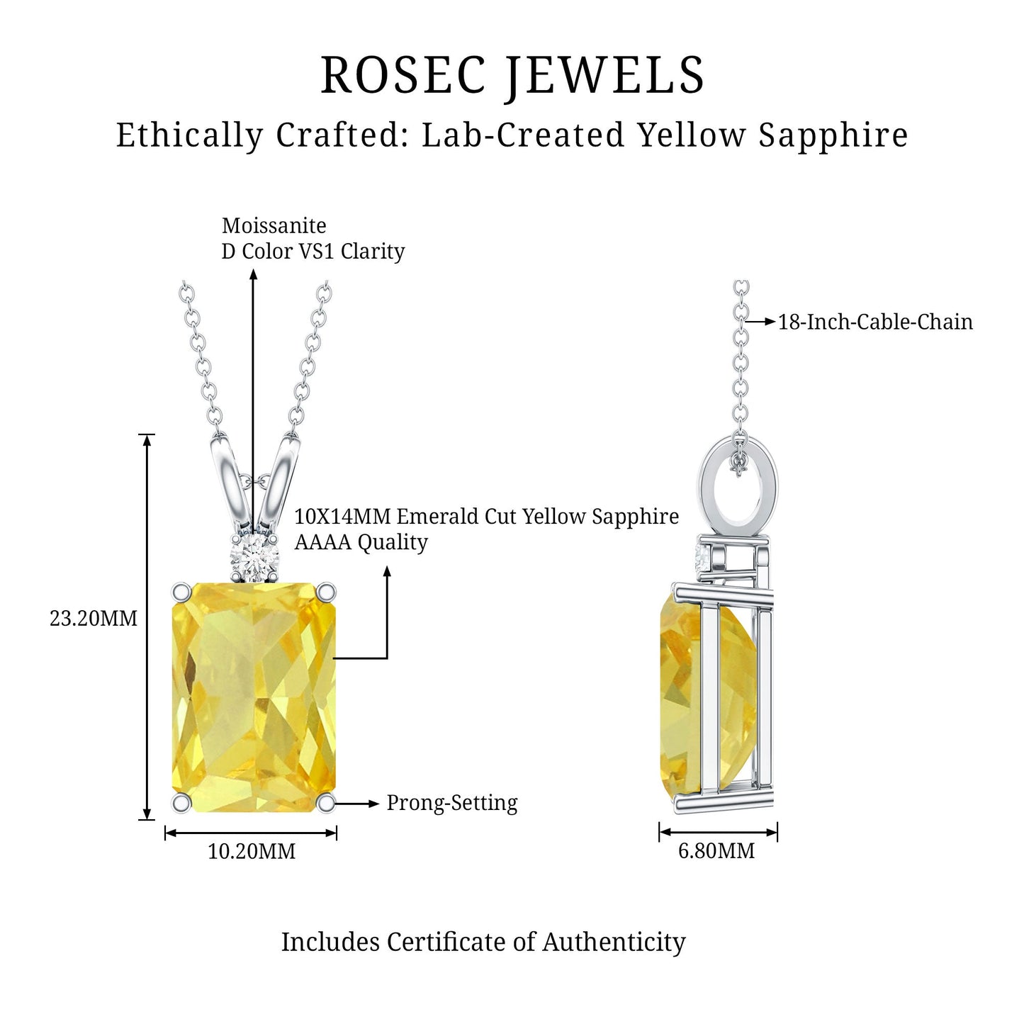 9 Carat Lab Grown Yellow Sapphire Emerald Cut Necklace With Silver Chain