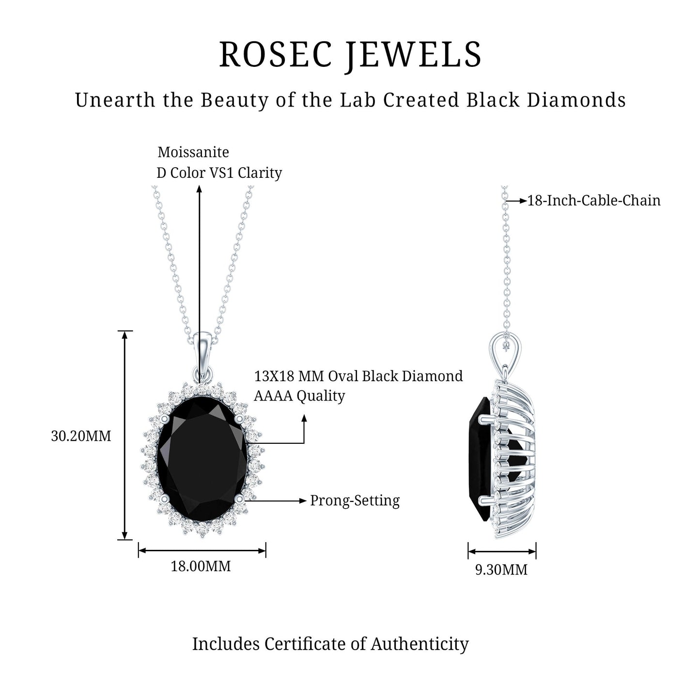Certified 14 Carat Oval Lab Grown Black Diamond Cocktail Necklace With Silver Chain