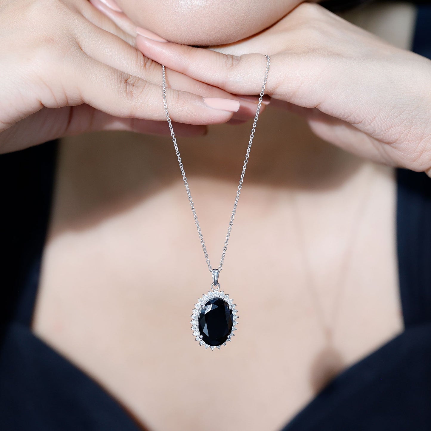 Certified 14 Carat Oval Lab Grown Black Diamond Cocktail Necklace With Silver Chain