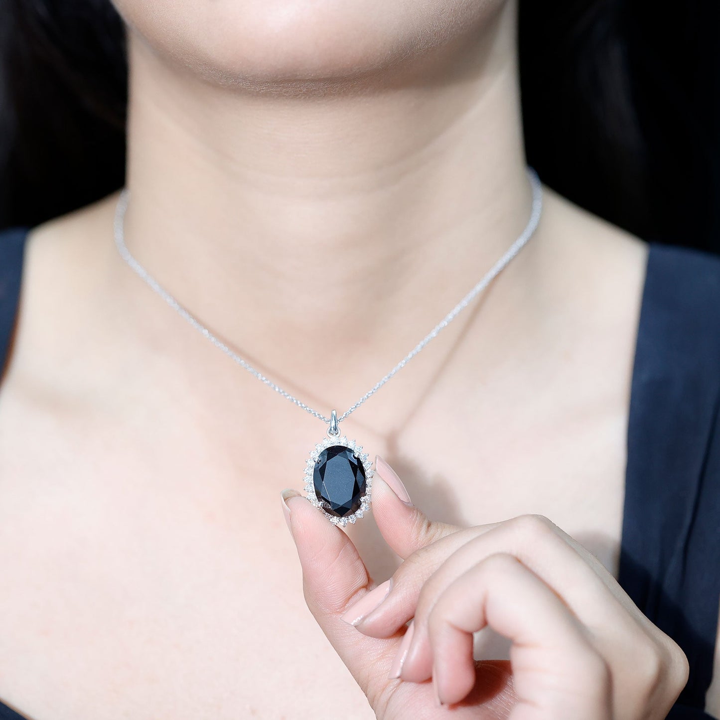 Certified 14 Carat Oval Lab Grown Black Diamond Cocktail Necklace With Silver Chain