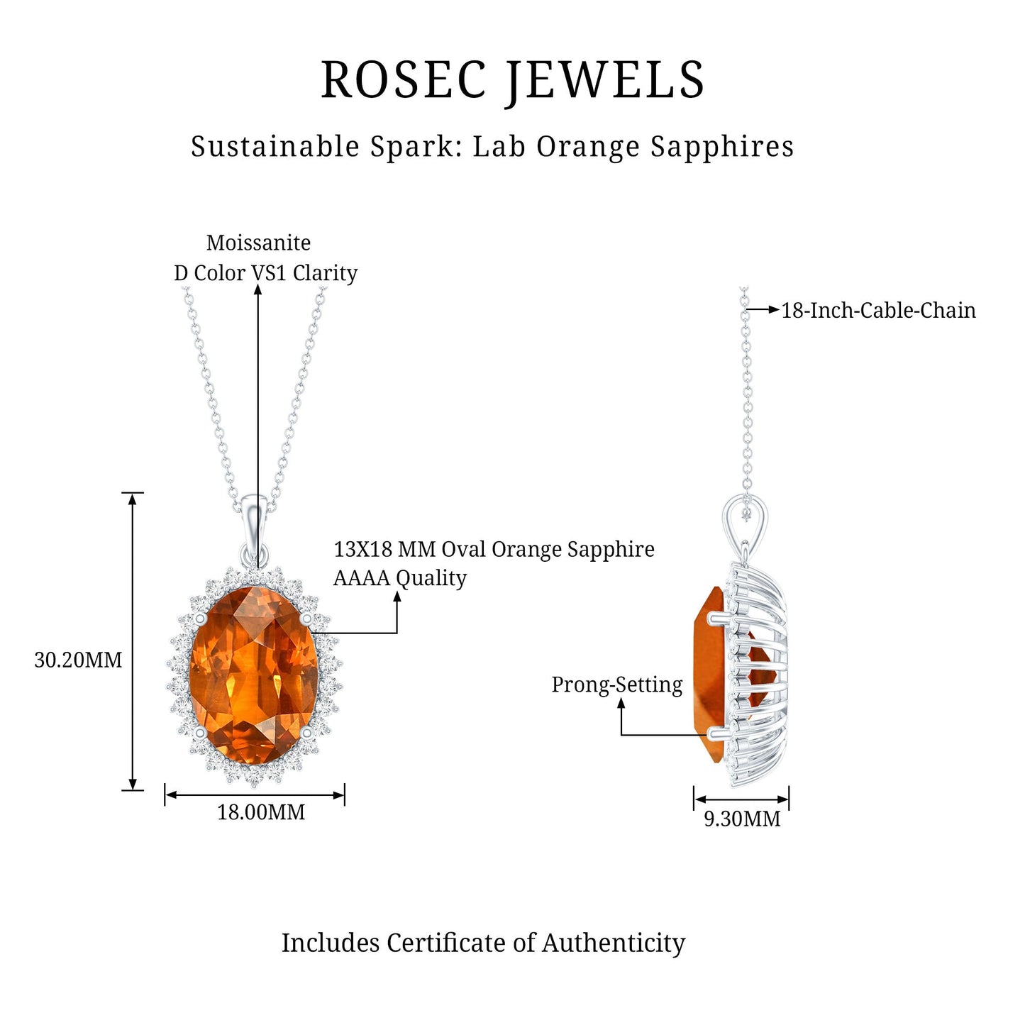14 Carat Lab Grown Orange Sapphire Statement Necklace With Silver Chain