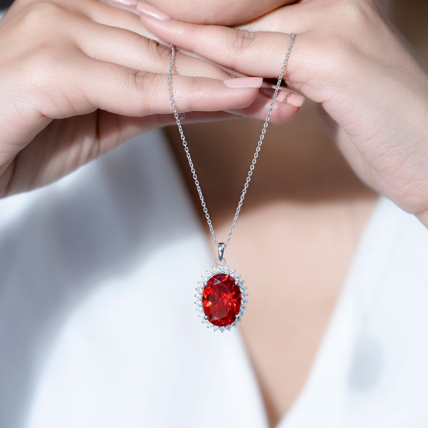 14 Carat Lab Grown Orange Sapphire Statement Necklace With Silver Chain
