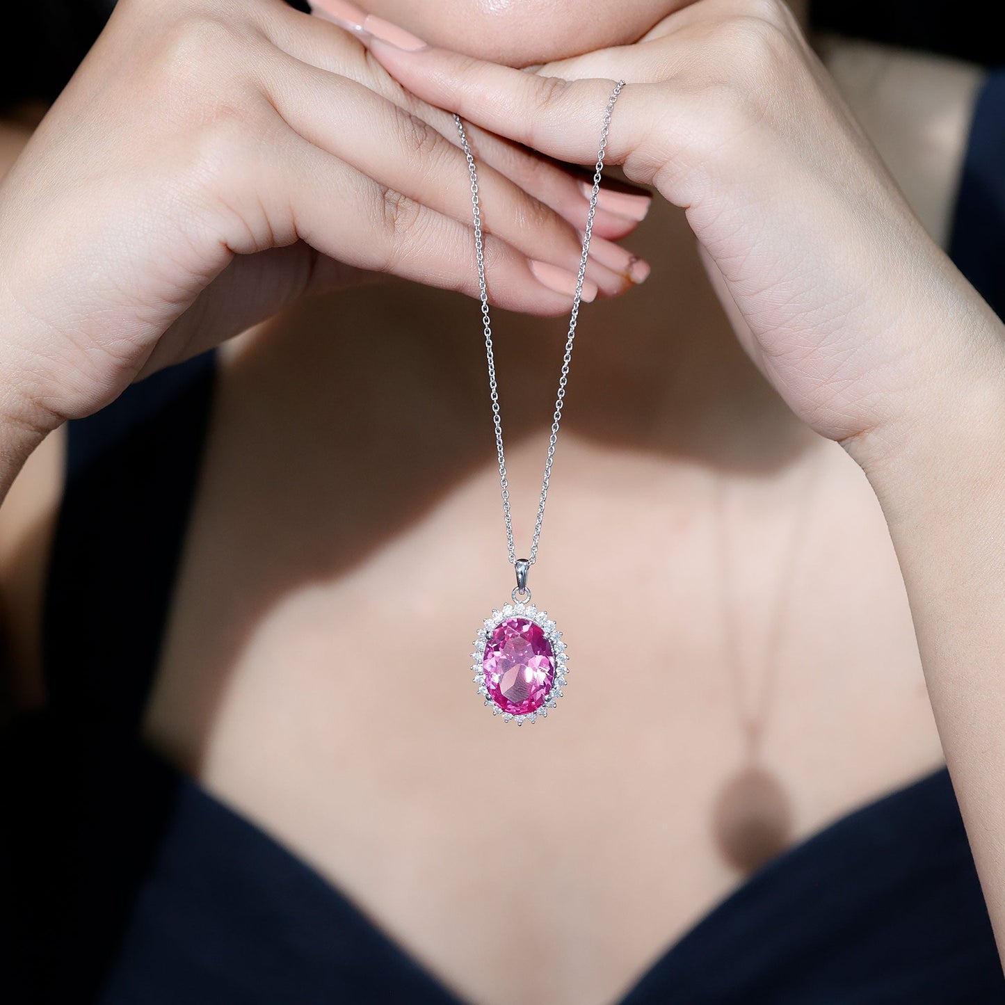 Certified 14 Carat Lab Pink Sapphire Elegant Bridal Necklace With Silver Chain