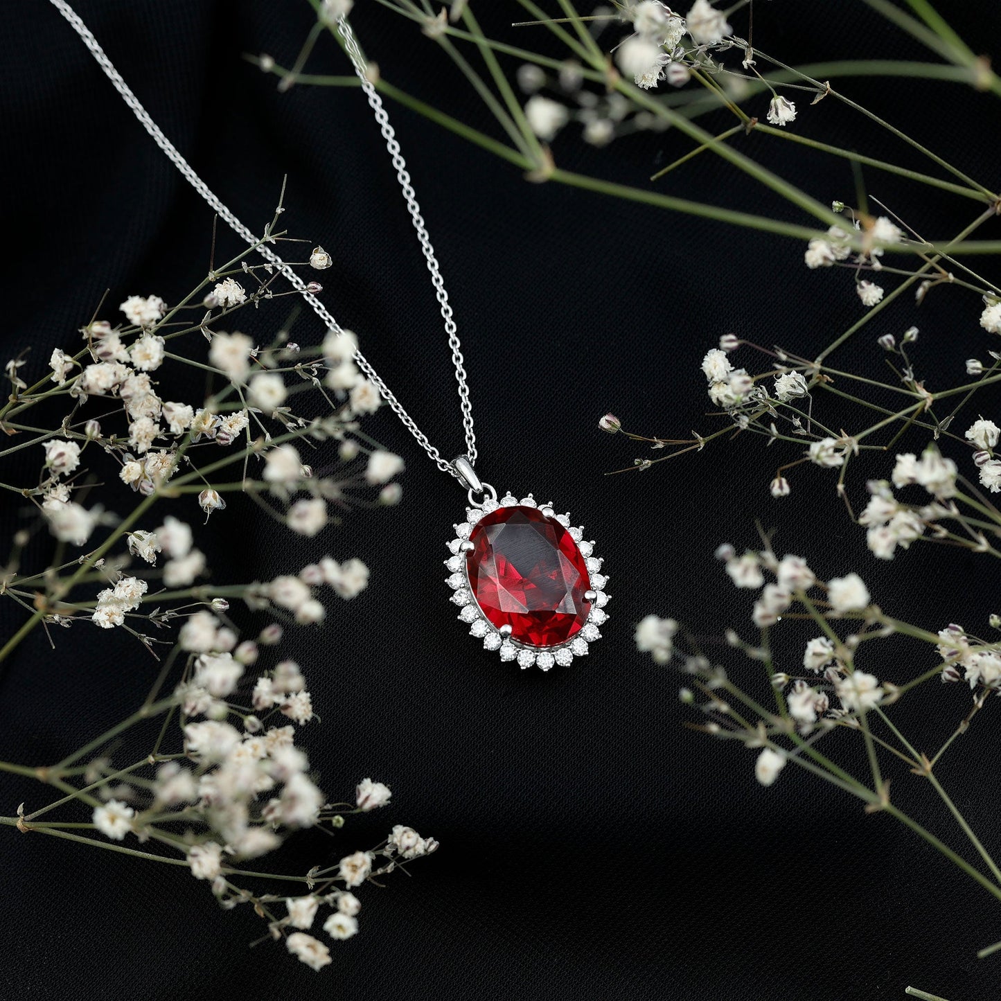Sterling Silver 14 carat Lab Grown Ruby Oval Necklace with Halo
