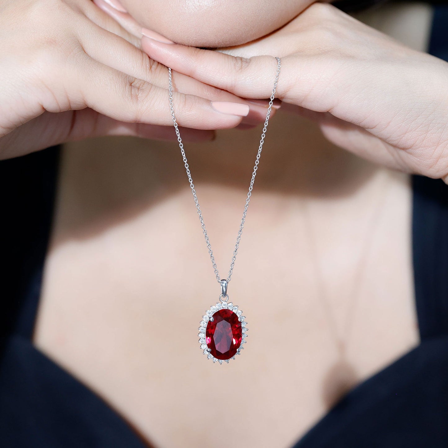 Sterling Silver 14 carat Lab Grown Ruby Oval Necklace with Halo