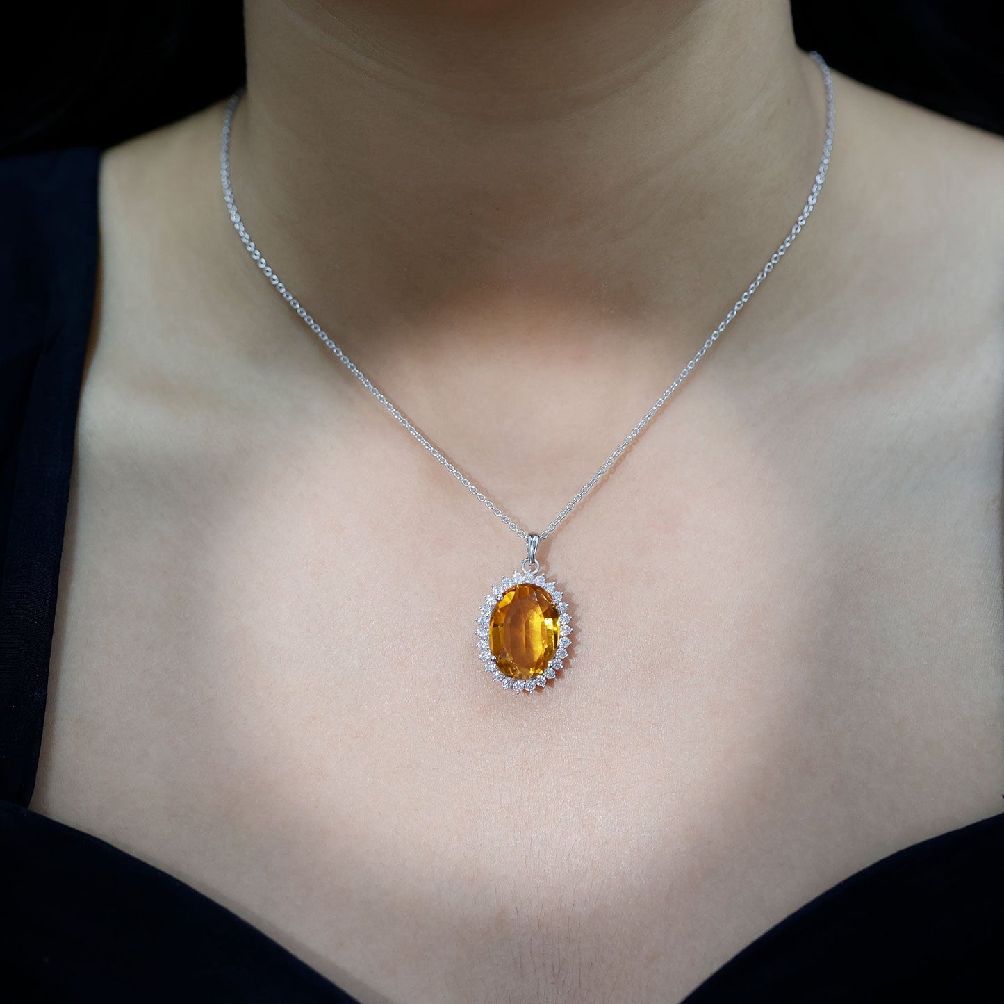 Certified 14 Carat Lab Grown Yellow Sapphire Cocktail Necklace With Silver Chain