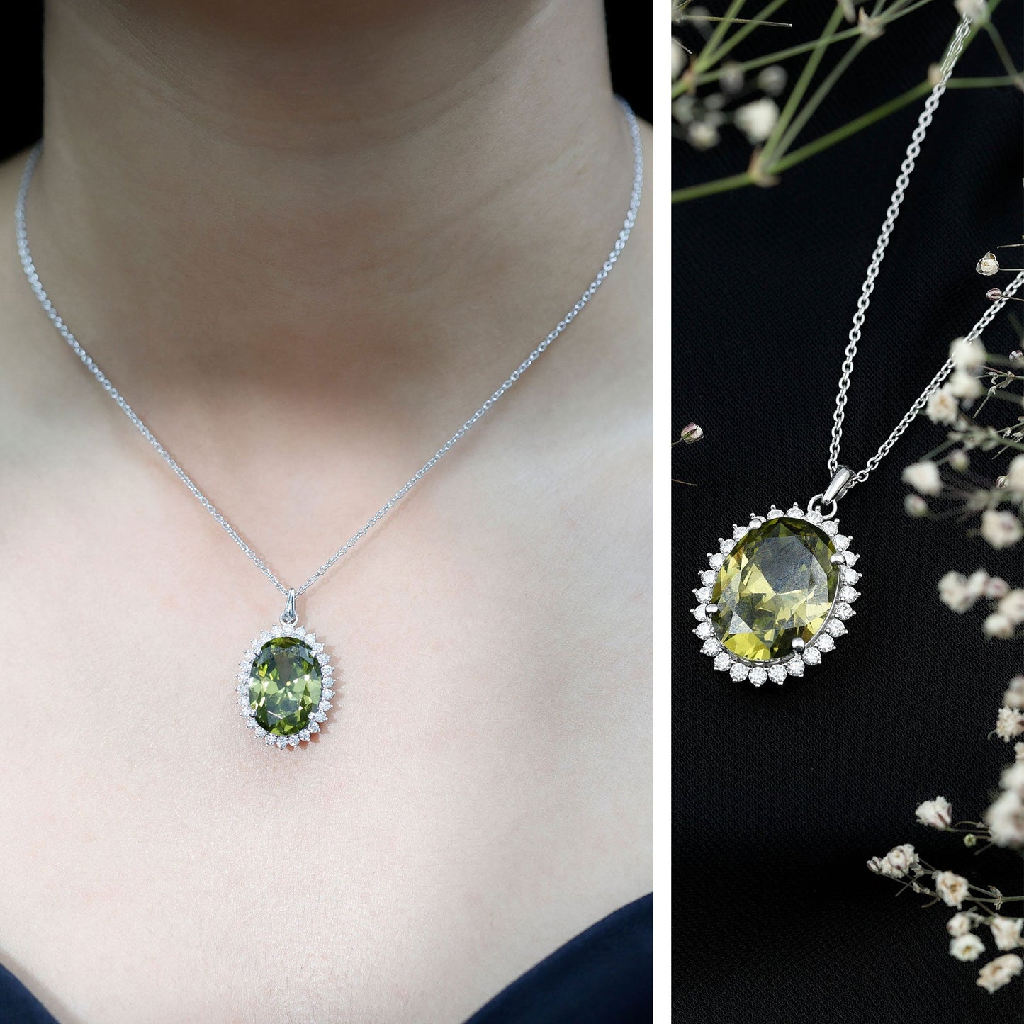 14 Carat Lab Grown Green Sapphire Statement Necklace with Silver Chain