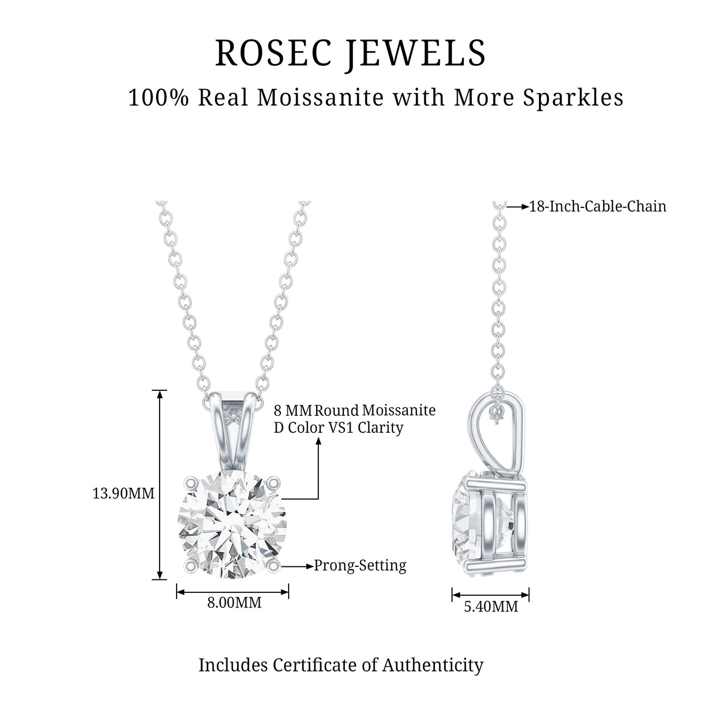 Certified 2 Carat Solitaire Moissanite Pendant Necklace with Silver Chain