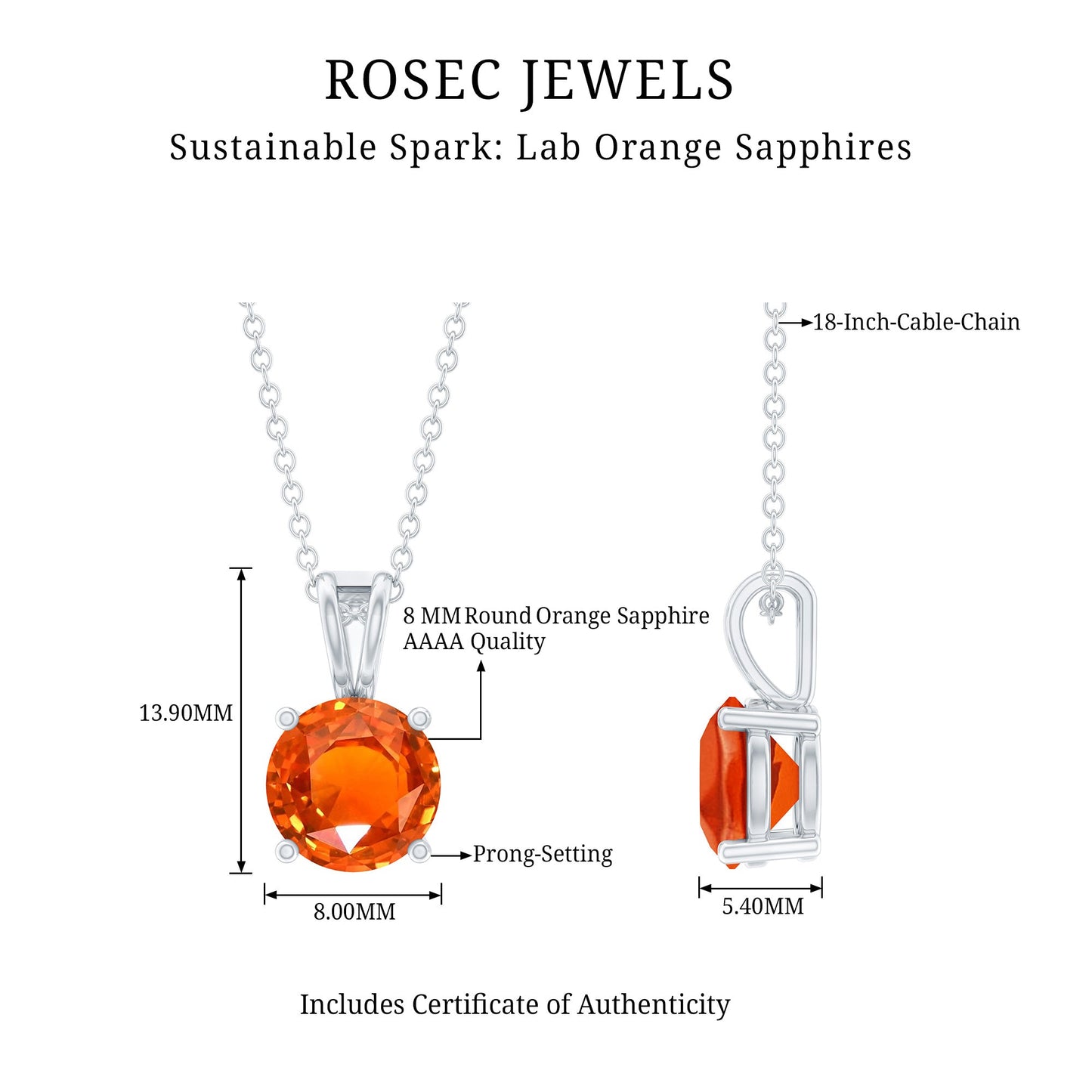 Lab Grown Orange Sapphire 2.25 Carat Necklace With Silver Chain
