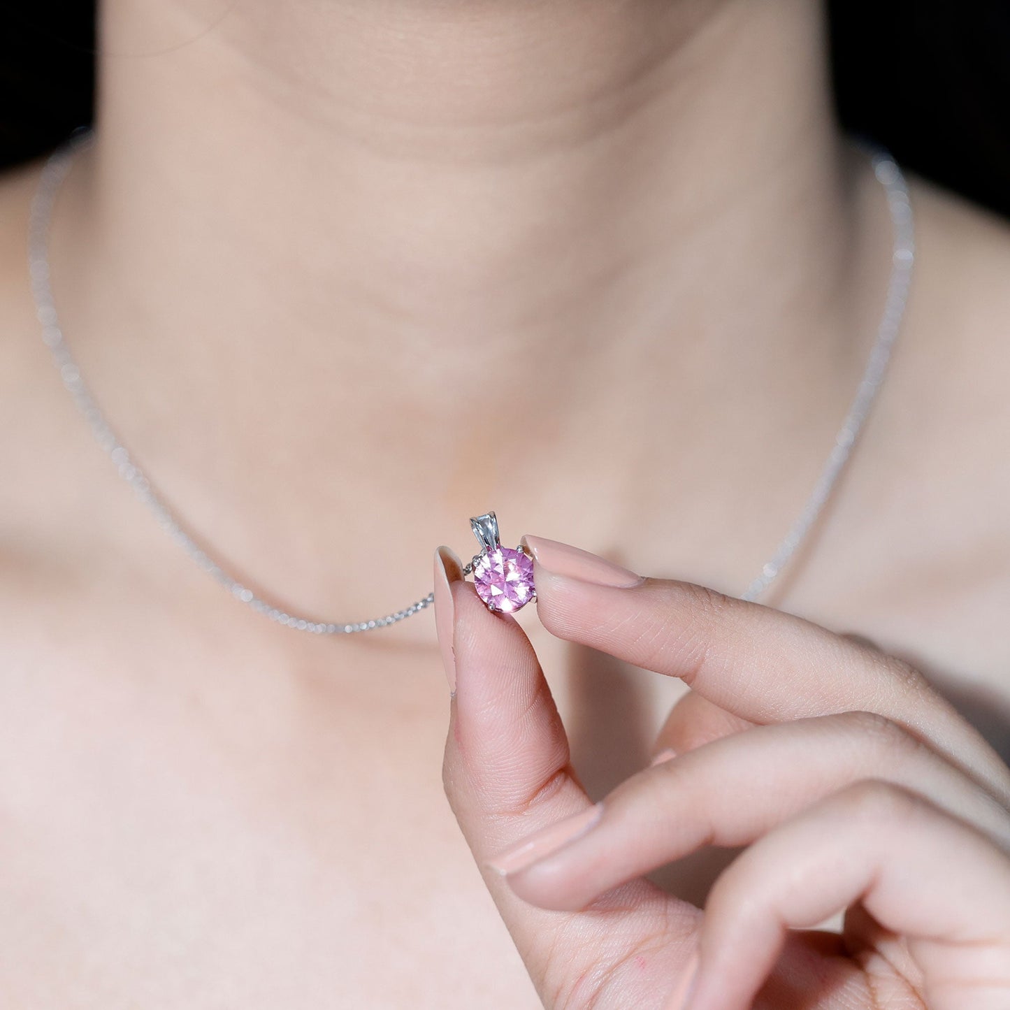 2 Carat Lab Grown Pink Sapphire Solitaire Necklace with Silver Chain