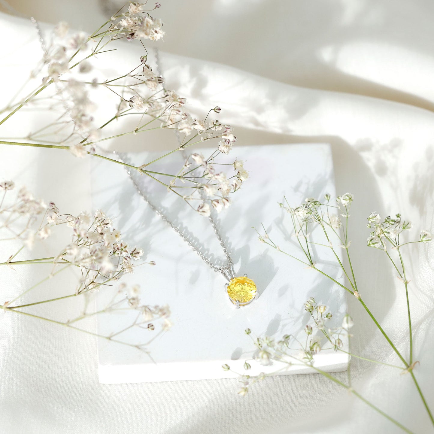 2 Carat Lab Grown Yellow Sapphire Solitaire Necklace with Silver Chain