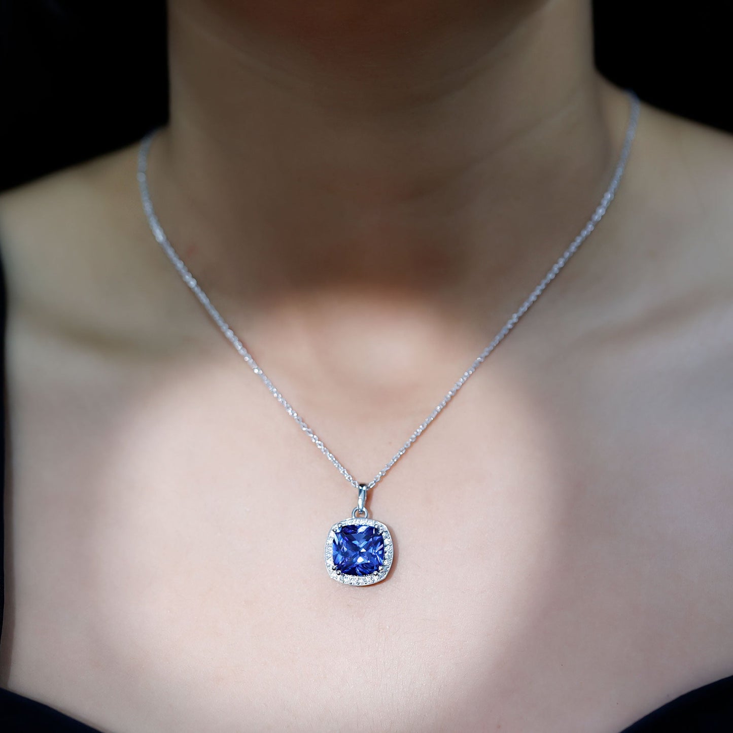 9 Carat Cushion Cut Lab Created Blue Sapphire Cocktail Necklace