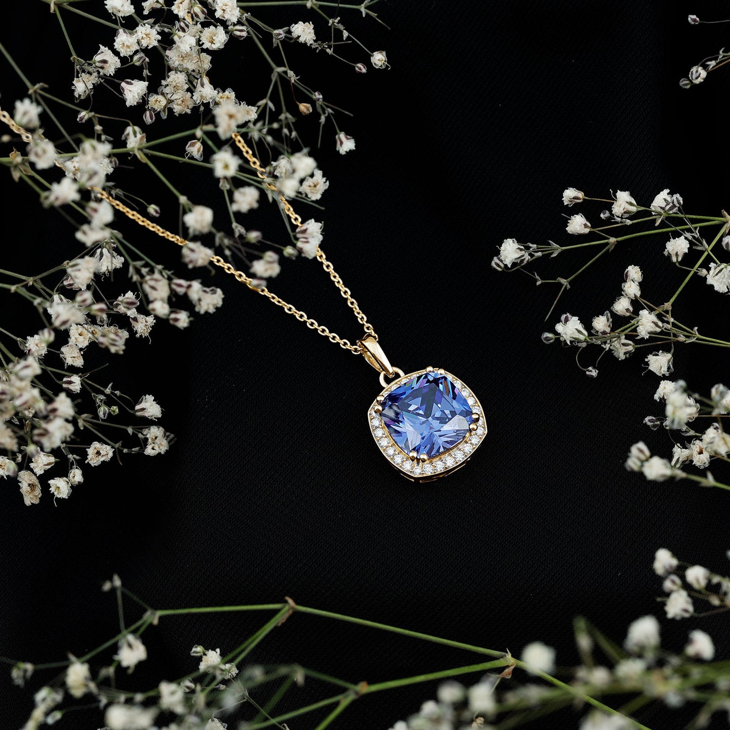 Certified 9 Carat Cushion Lab Grown Blue Sapphire Halo Necklace