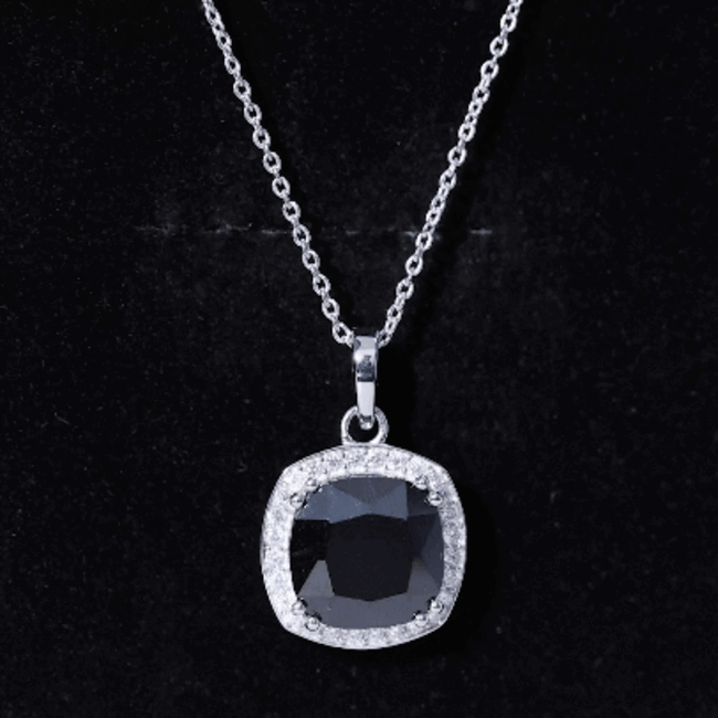 6 Carat Cushion Cut Lab Grown Black Diamond Halo Necklace with Silver Chain