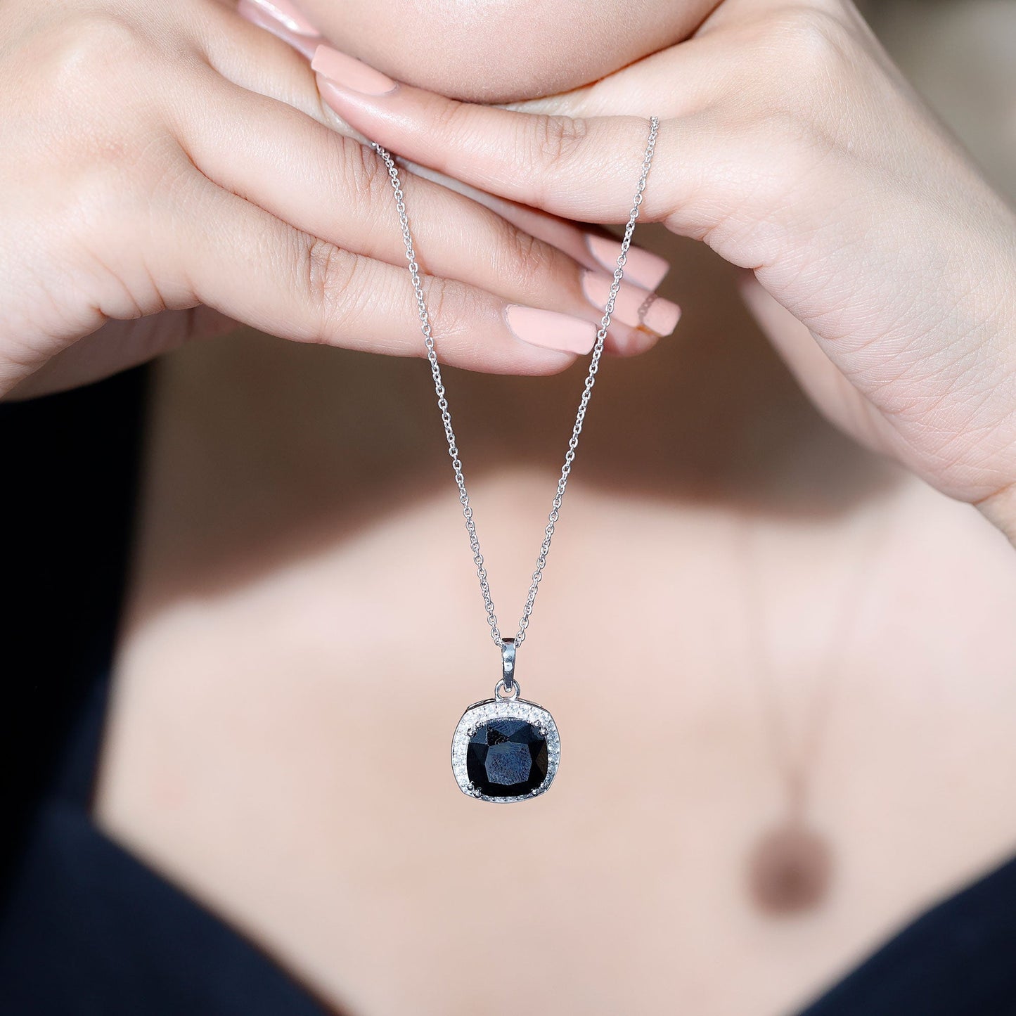 6 Carat Cushion Cut Lab Grown Black Diamond Halo Necklace with Silver Chain
