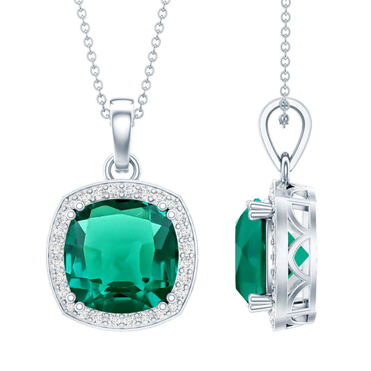 9 Carat Lab Grown Emerald Statement Necklace with Moissanite Halo