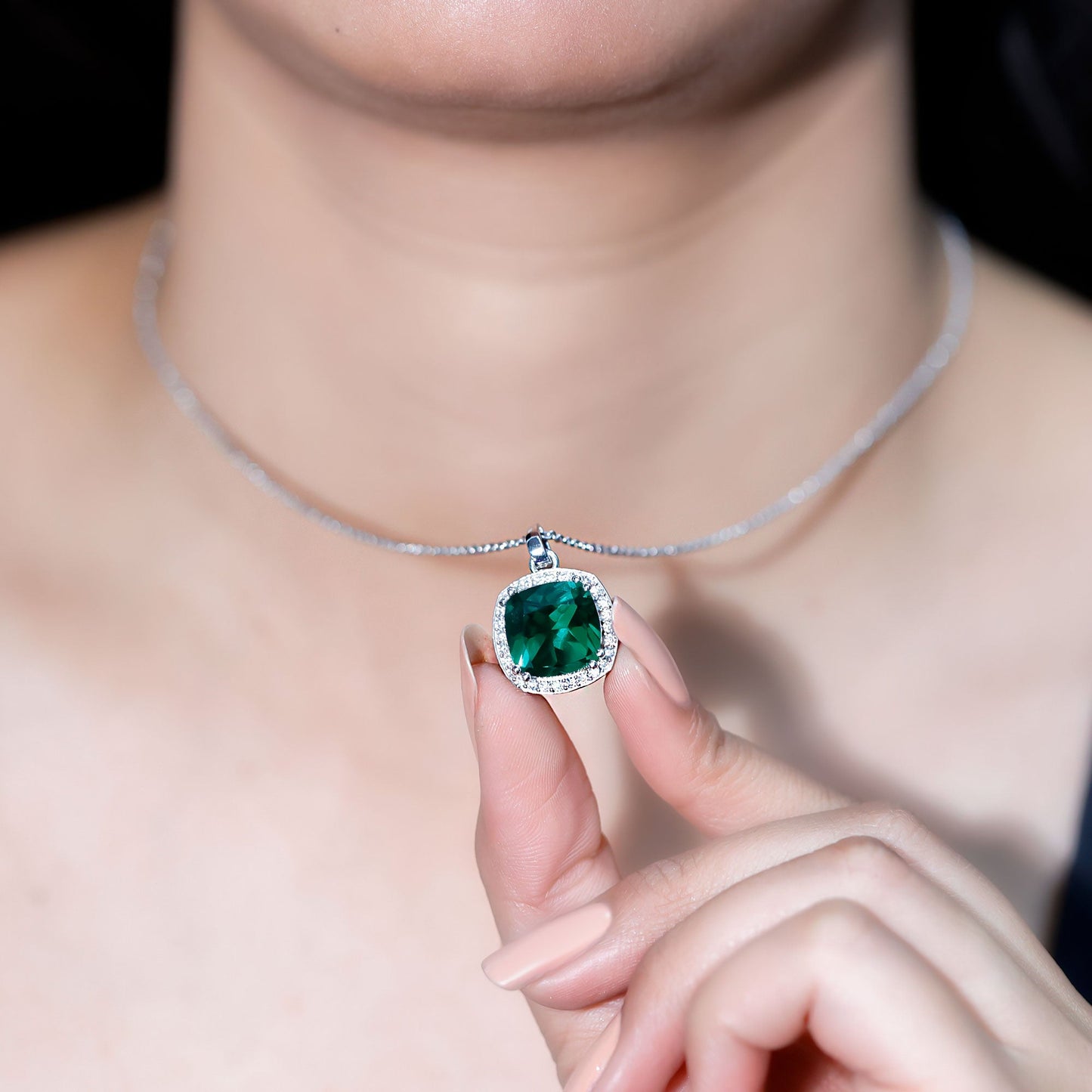 9 Carat Lab Grown Emerald Statement Necklace with Moissanite Halo