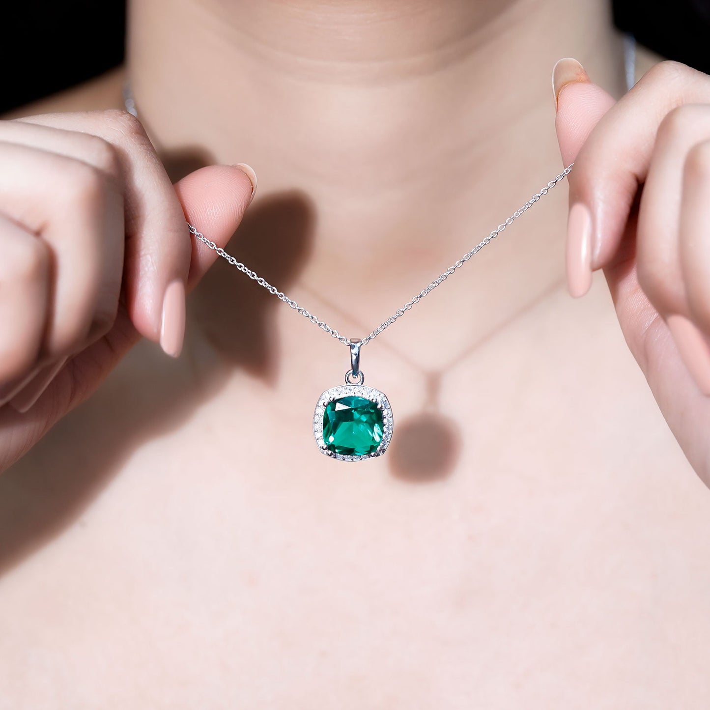 9 Carat Lab Grown Emerald Statement Necklace with Moissanite Halo