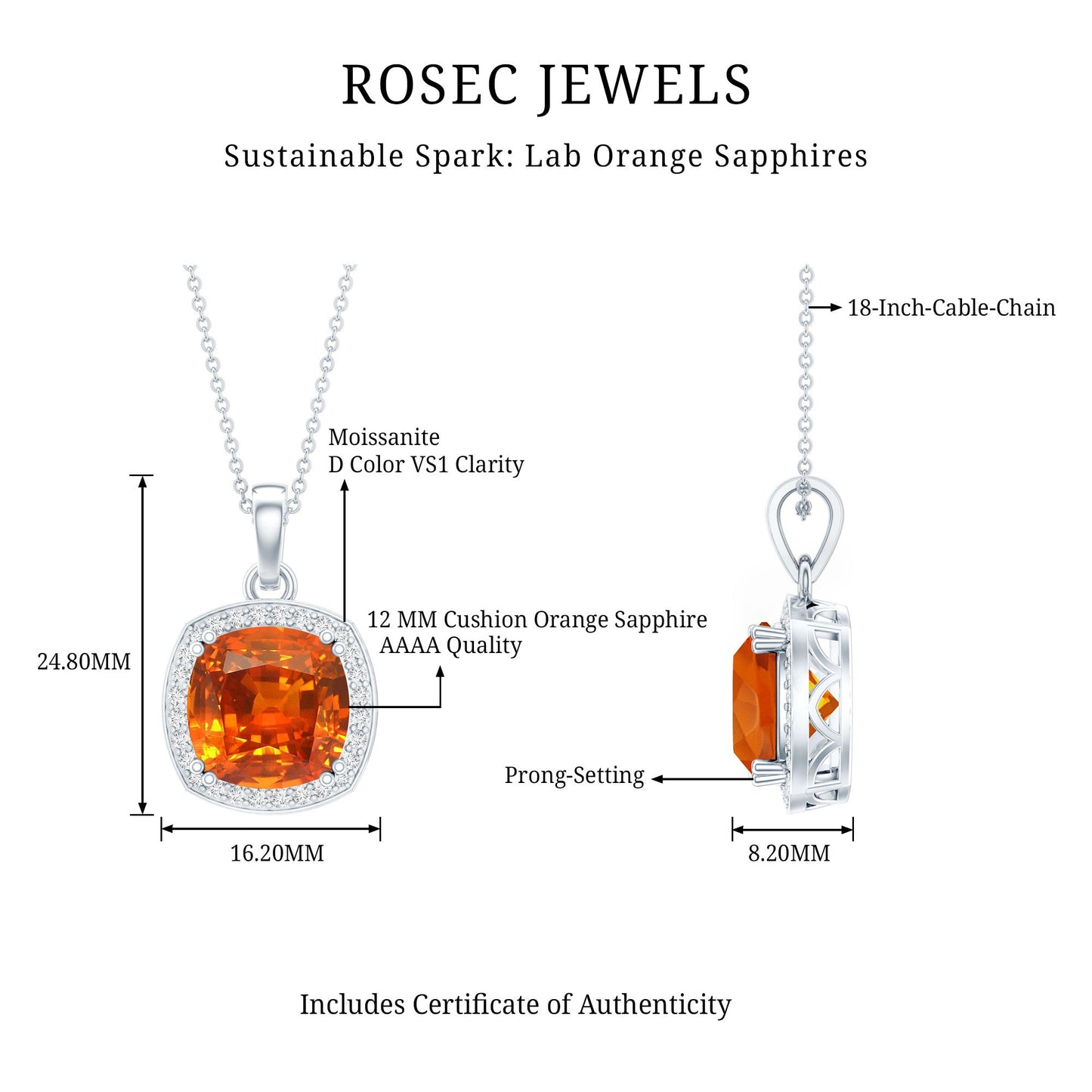 Certified 9 Carat Lab Grown Orange Sapphire Bridal Necklace With Silver Chain