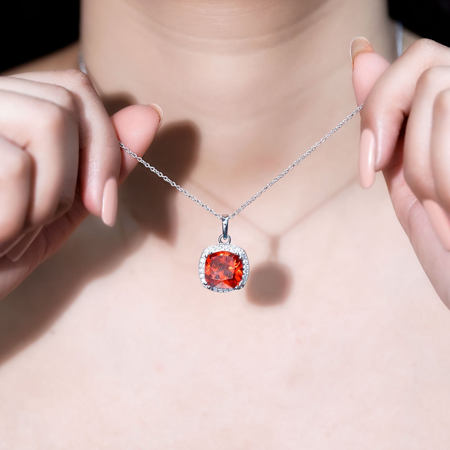 Certified 9 Carat Lab Grown Orange Sapphire Bridal Necklace With Silver Chain